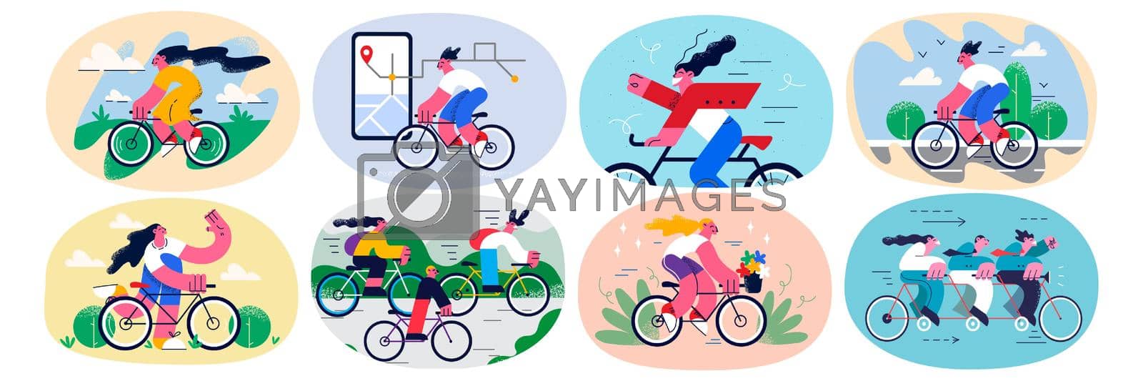 Set of young people have fun relax riding bicycle on weekend. Bundle of diverse men or women rest do sports physical activity enjoy bike ride outdoors. Leisure and hobby. Vector illustration.