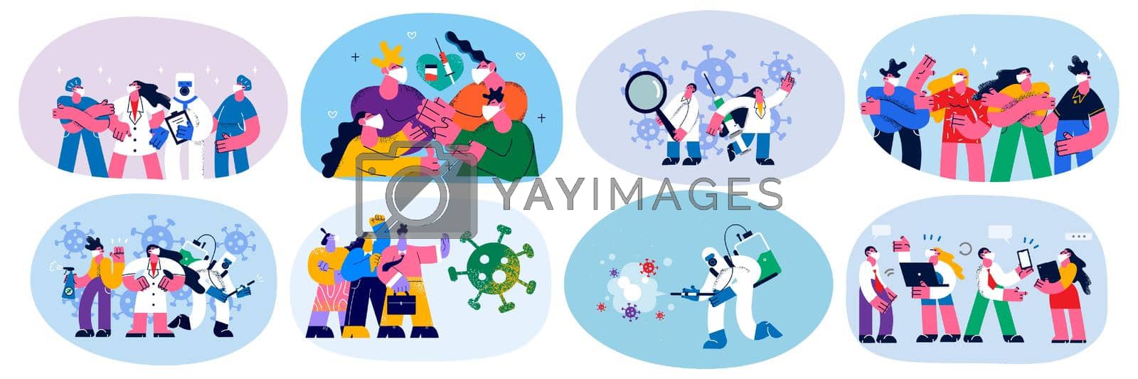 Set of diverse people and doctors fight with corona virus wear facemasks get vaccinated. Collection of citizens and medical workers protect from covid-19 pandemic. Vaccination. Vector illustration.