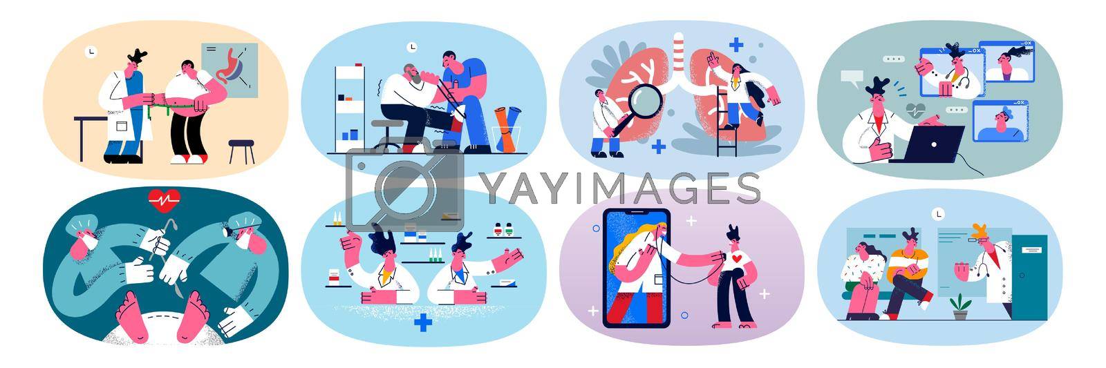 Set of doctors help patients in hospital or clinic. Collection of medical workers or pharmacist consult clients, have webcam online appointment. Medicine and healthcare. Flat vector illustration.