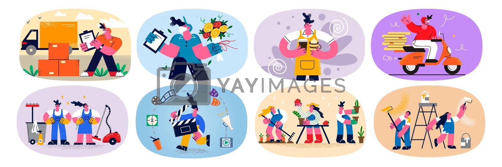 Set of diverse people occupations. Collection of courier or deliveryman deliver parcel order to customer. Housekeeping and gardening profession. Good quality service. Flat vector illustration.