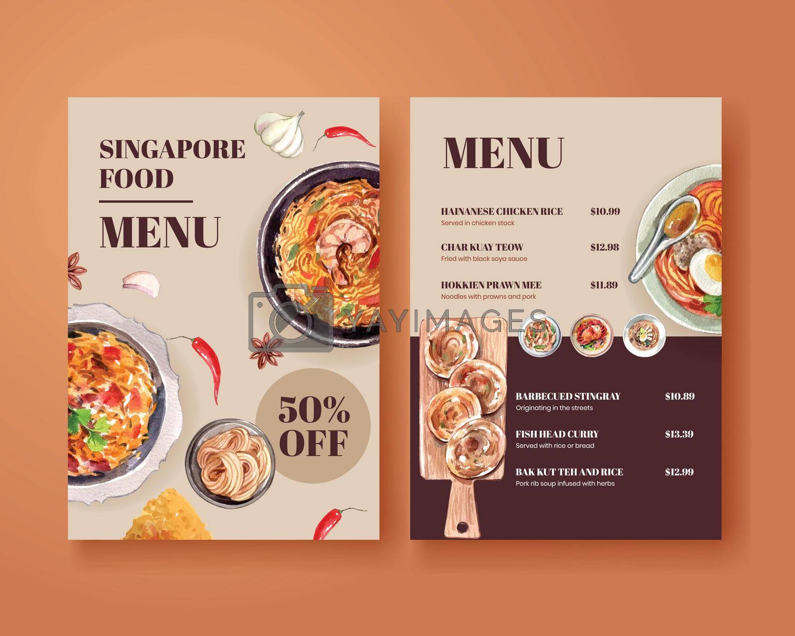Menu template with Singapore cuisine concept,watercolor style

