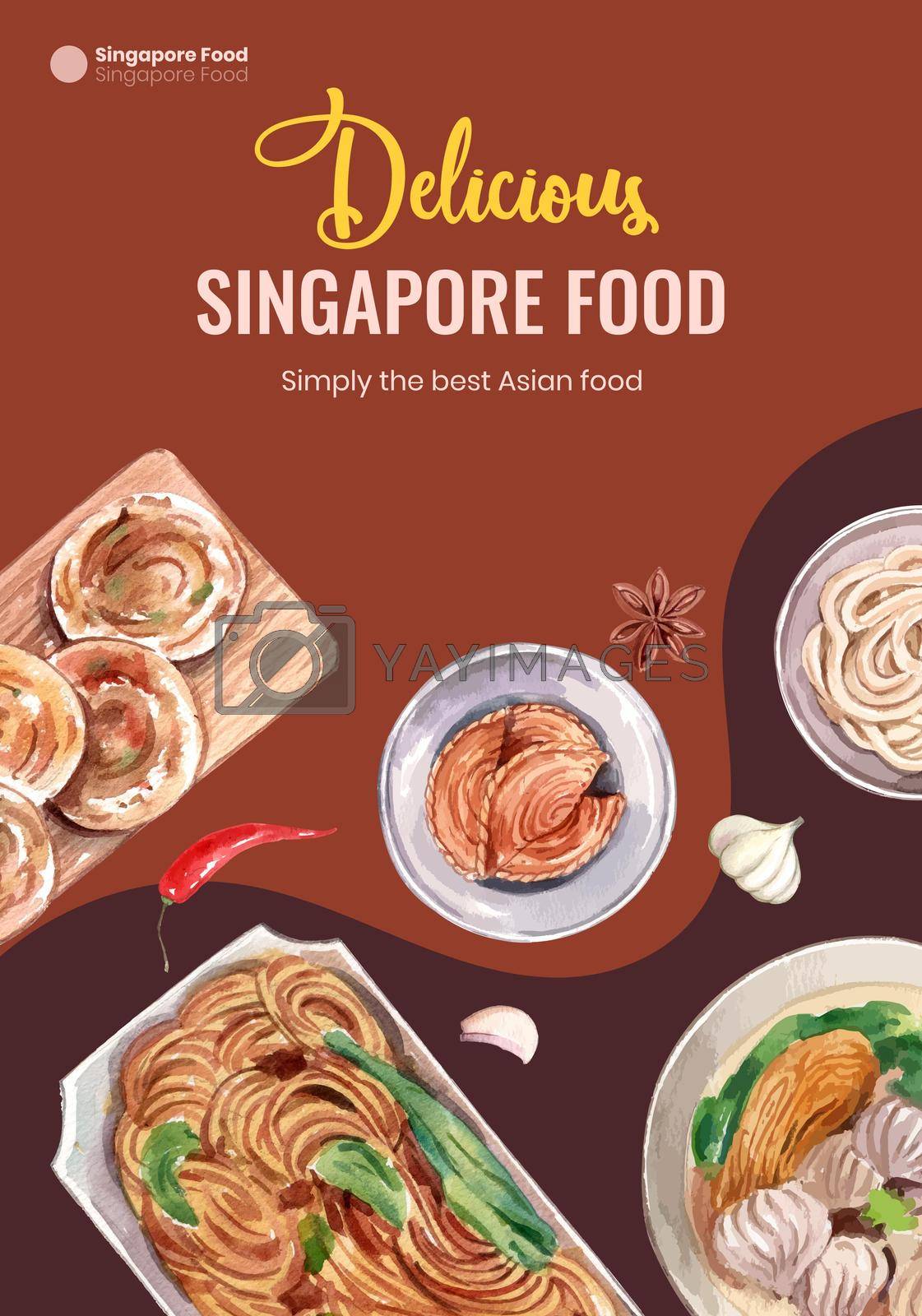 Poster template with Singapore cuisine concept,watercolor style
