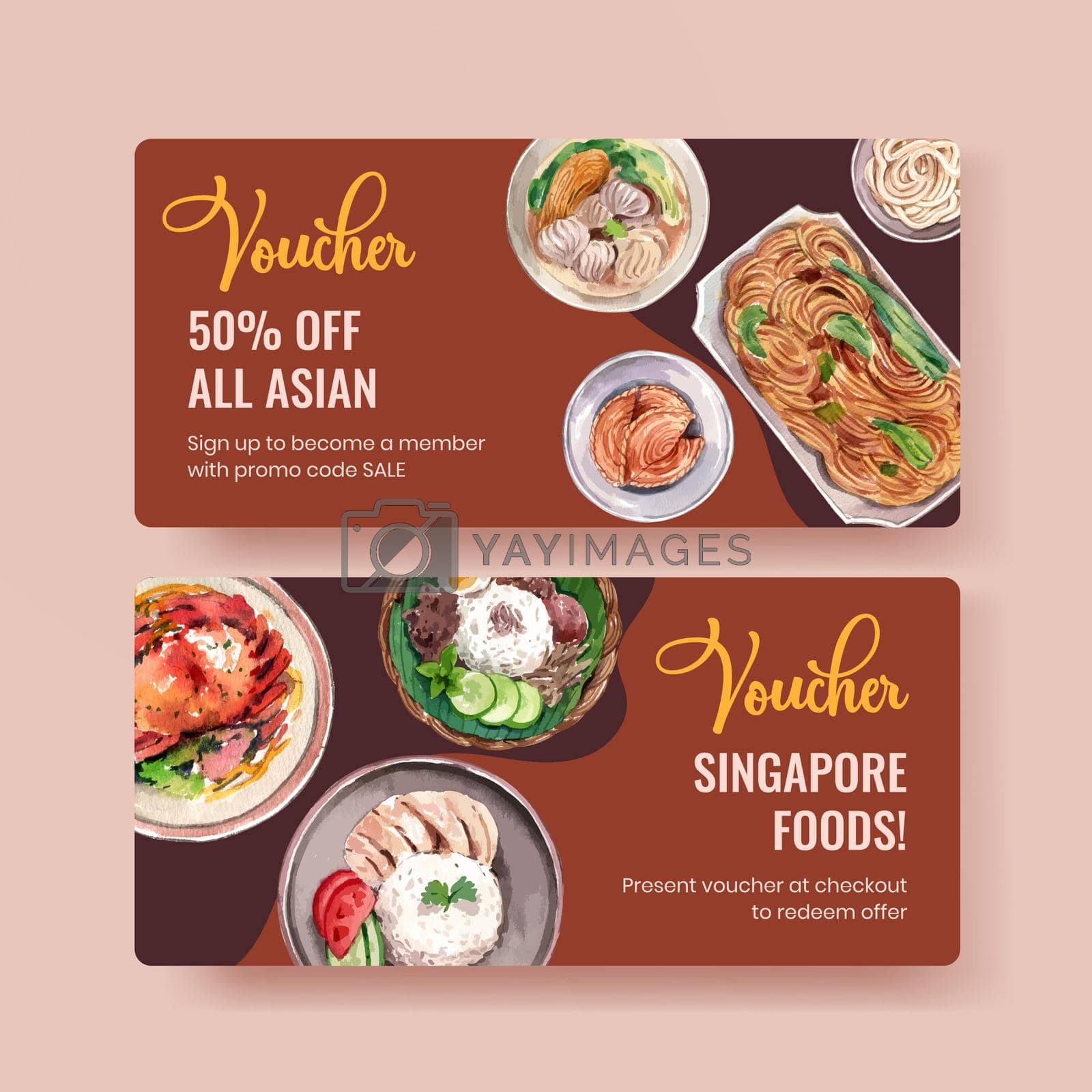 Voucher template with Singapore cuisine concept,watercolor style
