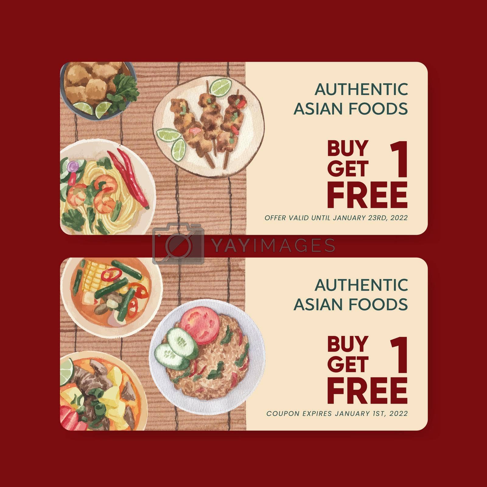 Voucher template with Hong Kong food concept,watercolor style
