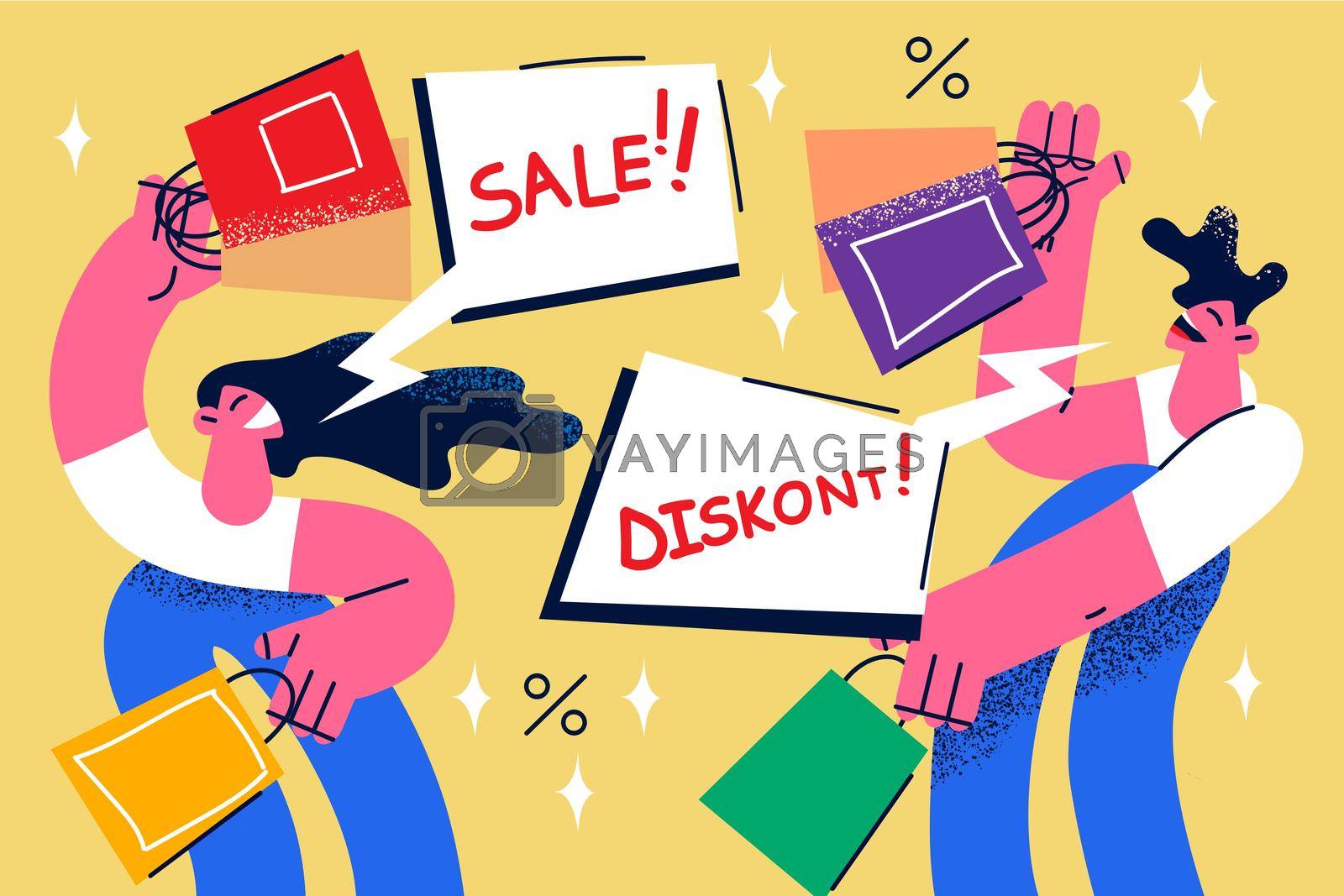 Overjoyed diverse people excited with seasonal winter sale or promotion in shopping center or mall. Happy buyers or clients purchase buy on discount or deals. Consumerism. Vector illustration.