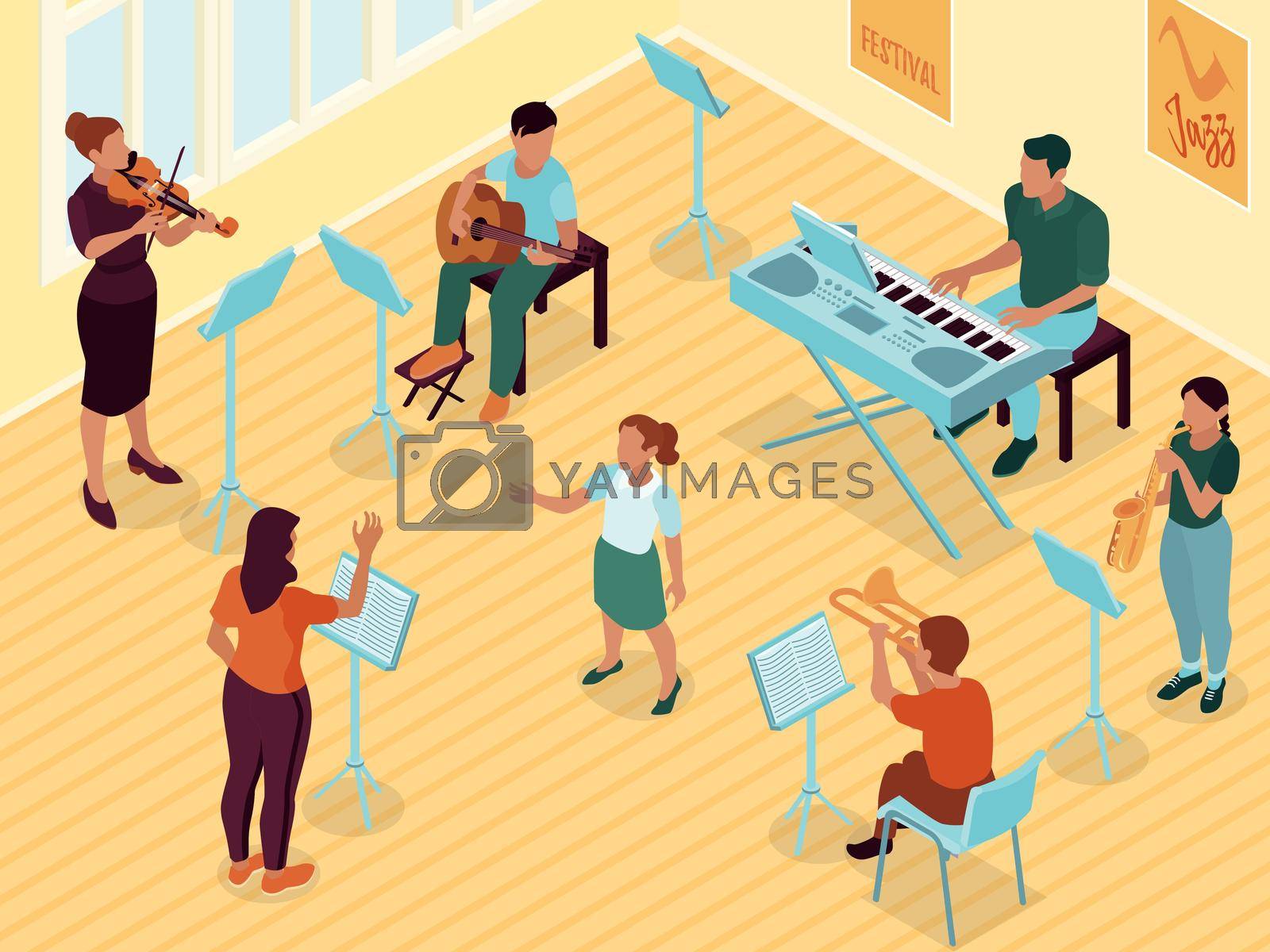 Intermediate advanced piano guitar lessons singing solfeggio music theory course professional musicians education isometric composition vector illustration