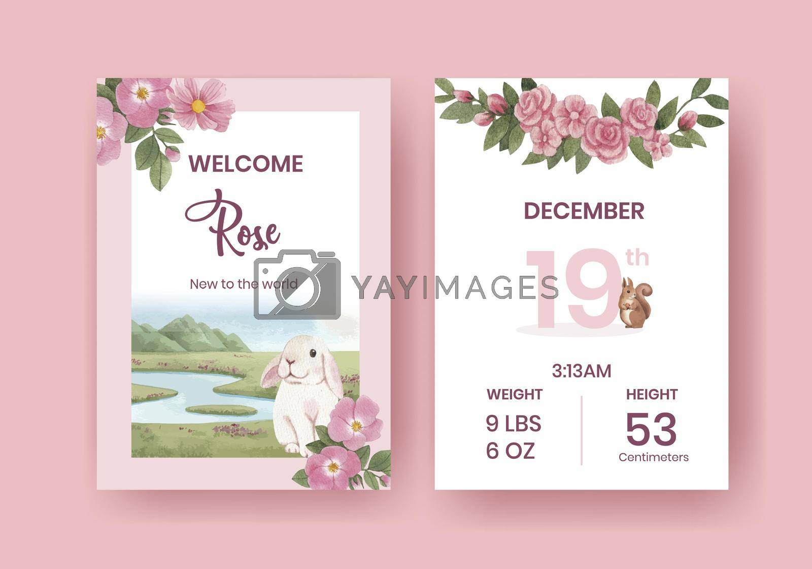 Royalty free image of Baby stats card template with spring woodland wildlife concept,watercolor style by Photographeeasia