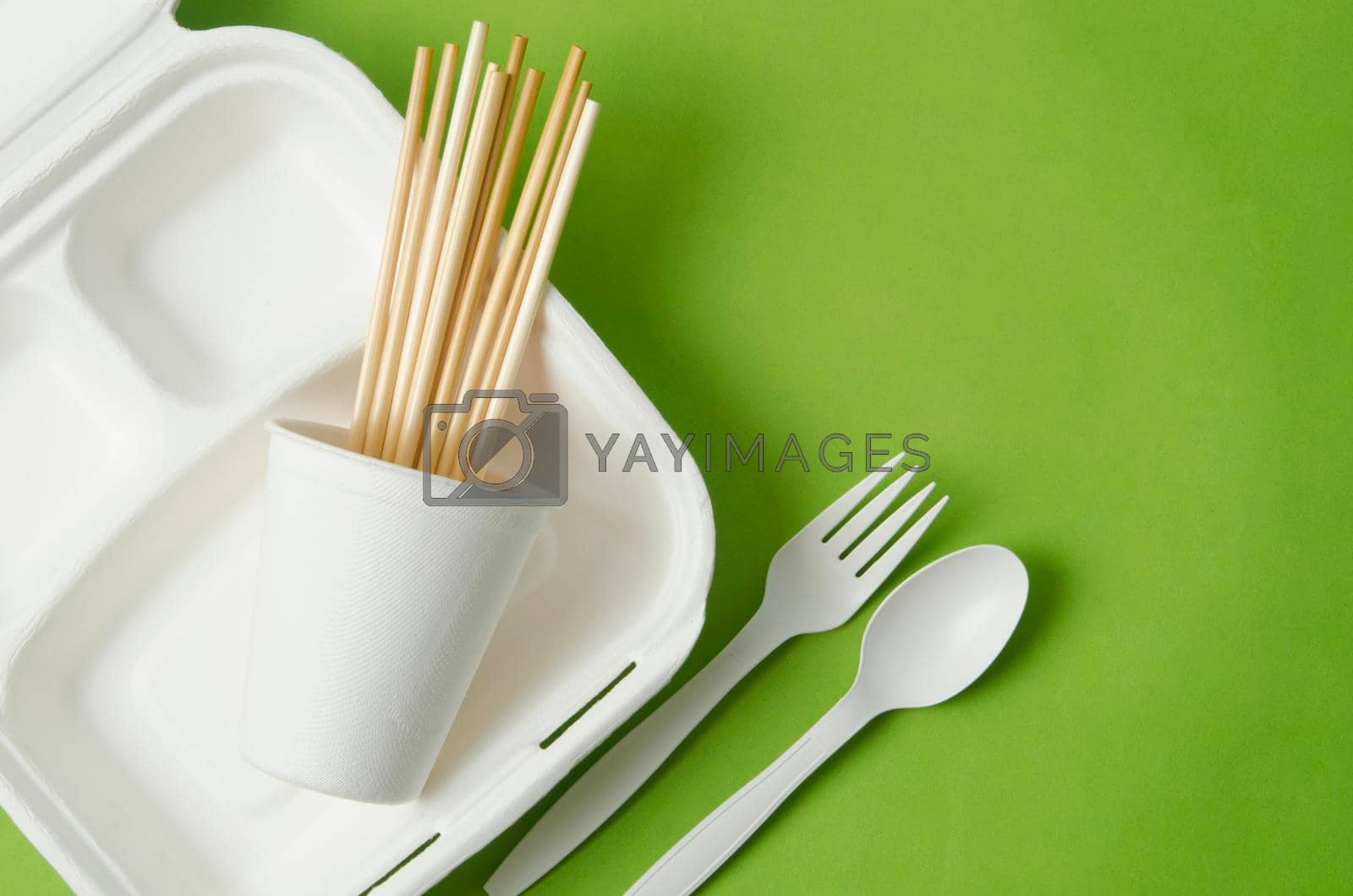 Royalty free image of Eco friendly biodegradable paper disposable for packaging food and paper glass. by Gamjai