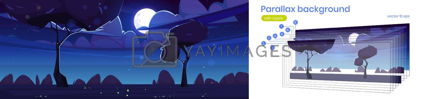 Summer landscape with trees and bushes at night. Vector parallax background for 2d animation with cartoon illustration of nature scene with lawn, fireflies, clouds, moon and stars in dark sky