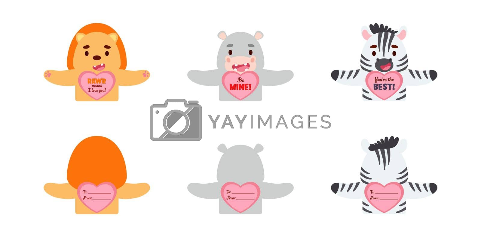 Royalty free image of Valentines Day cute animal gift cards candy holder cards for kids. Great gift option school classroom prizes, gift exchange, Valentine party favors, love notes and more. Vector stock illustration by Melnyk