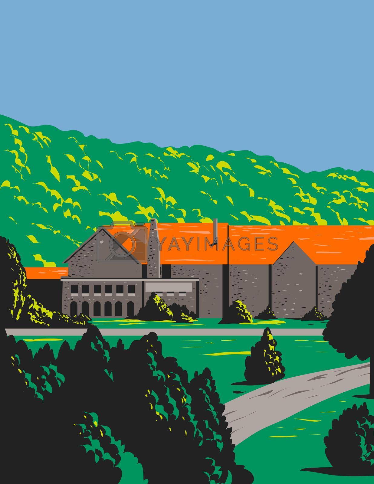 Royalty free image of Stone Lodge with Red Roof and Trees in Front During Spring WPA Poster Art by patrimonio