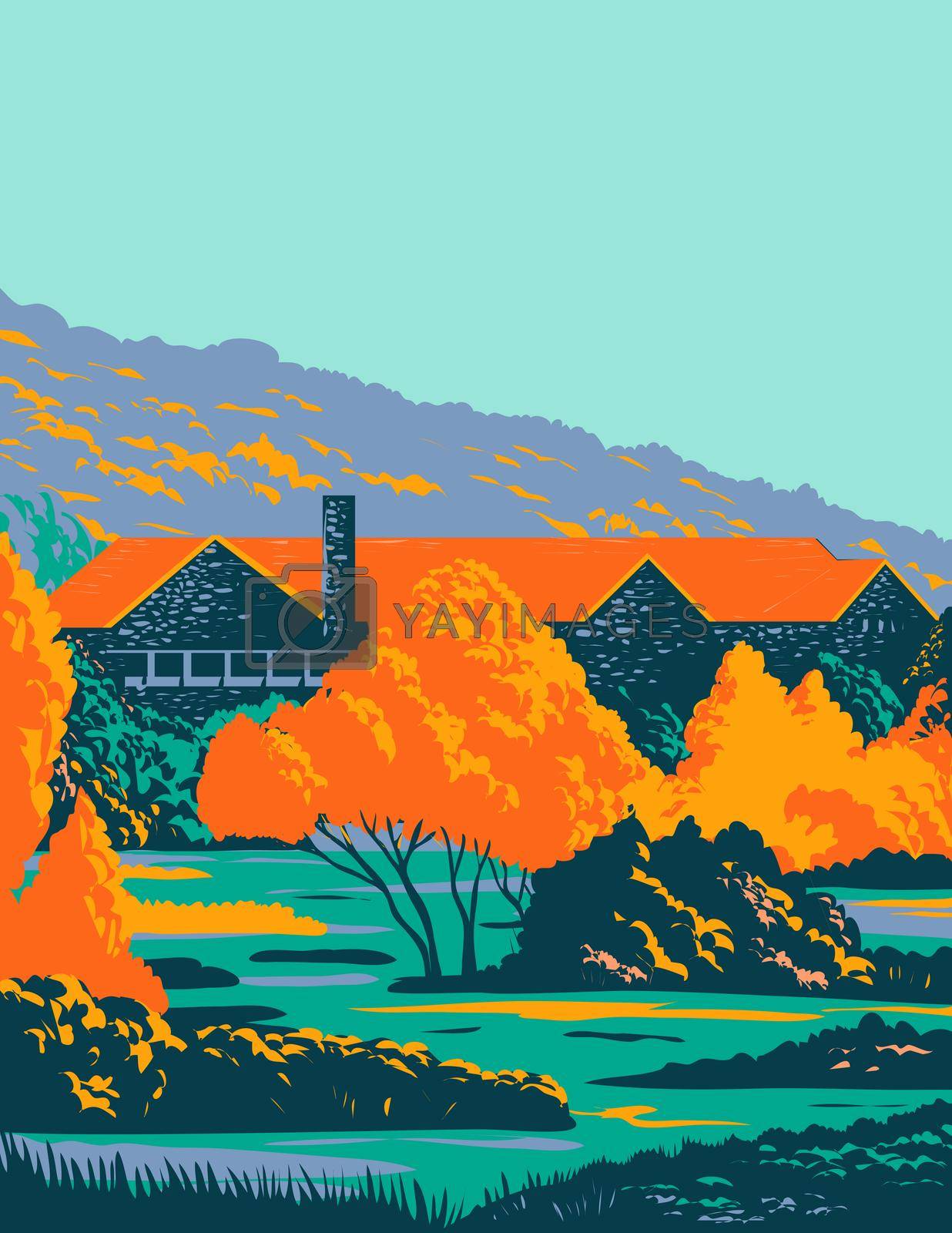 Royalty free image of Stone Lodge with Red Roof and Trees in Front During Fall WPA Poster Art by patrimonio