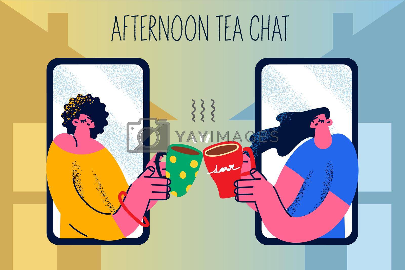 Happy women friends drink tea have online meeting or video call on smartphone at lockdown. Smiling girlfriends enjoy afternoon coffee chat talk on webcam event at quarantine. Vector illustration.