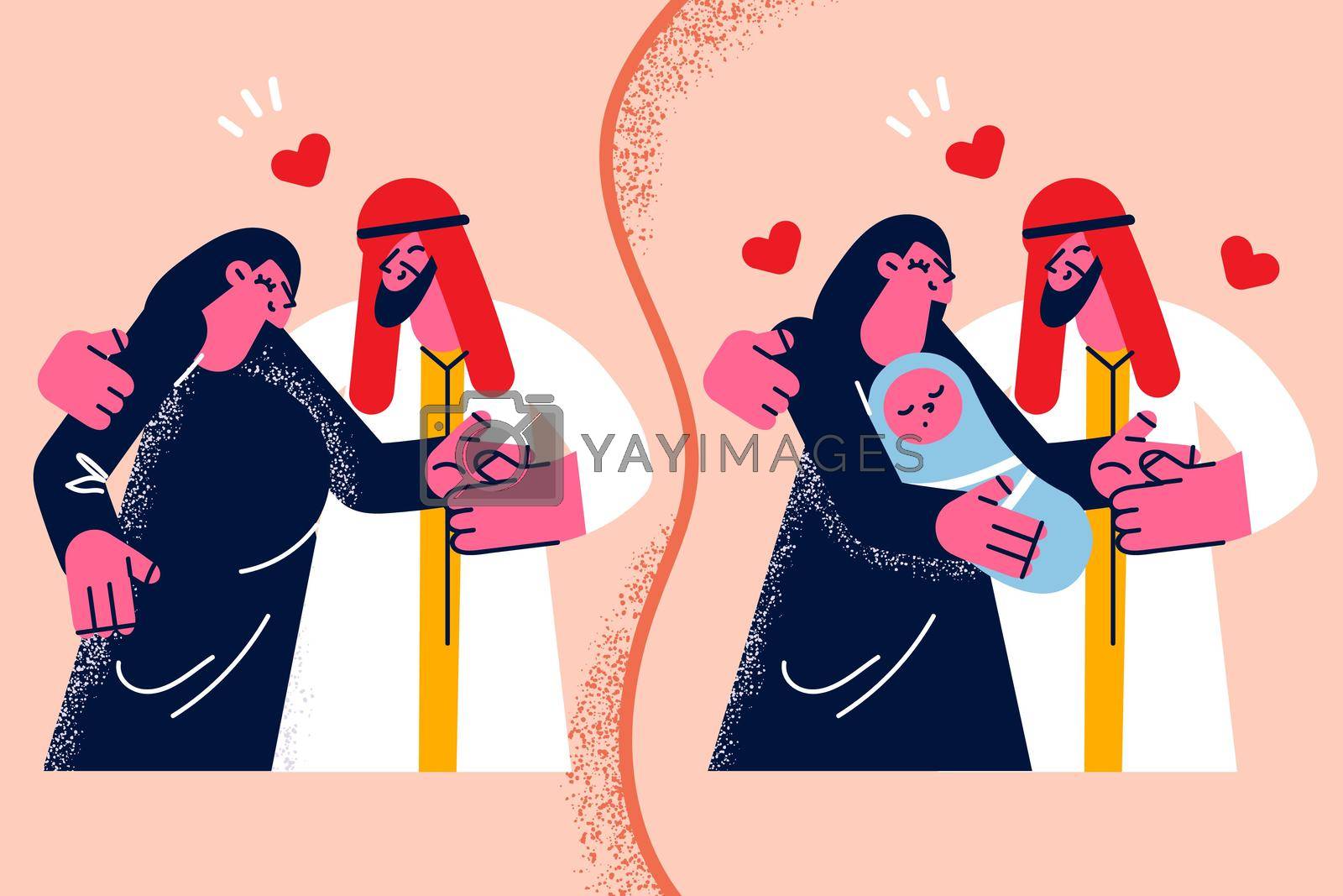 Happy muslim couple pregnant and having baby infant. Smiling Arabic young family growing. Overjoyed arab man and woman pregnancy and parenthood time. Diversity. Vector illustration.