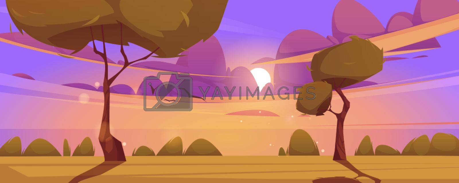 Cartoon dusk nature landscape green field with grass and trees under sky with sun at purple fluffy clouds with flying birds, picturesque sunset scenery background, tranquil scene, Vector illustration