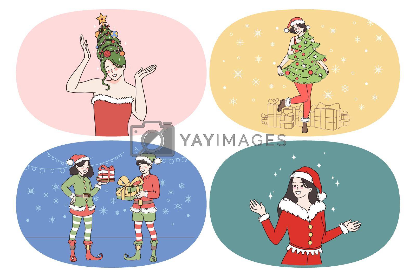 Celebration Christmas and New year concept. Set of young happy people wearing festive New Year costumes giving carrying presents preparing for holidays vector illustration