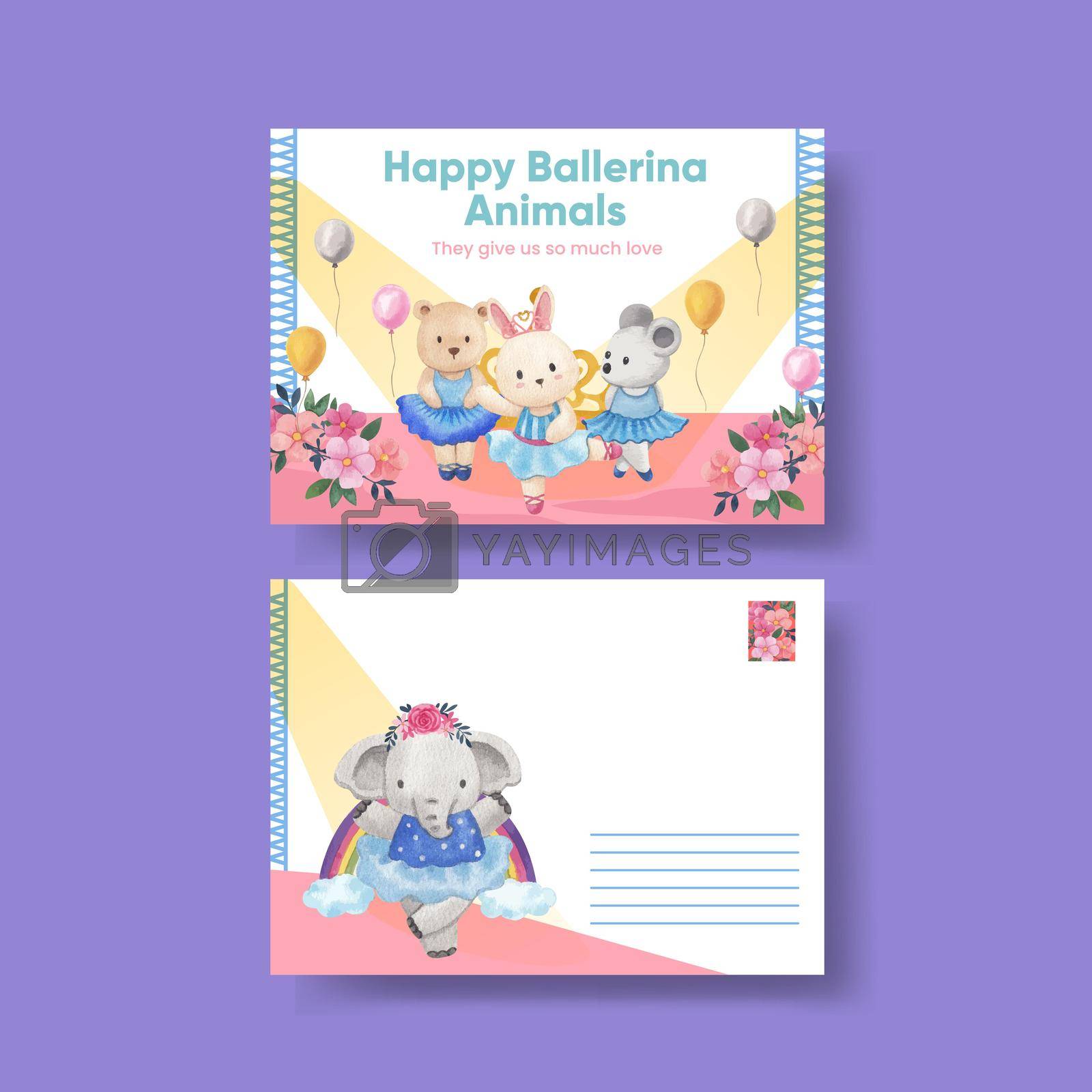 Postcard template with Fairy ballerinas animals concept,watercolor style

