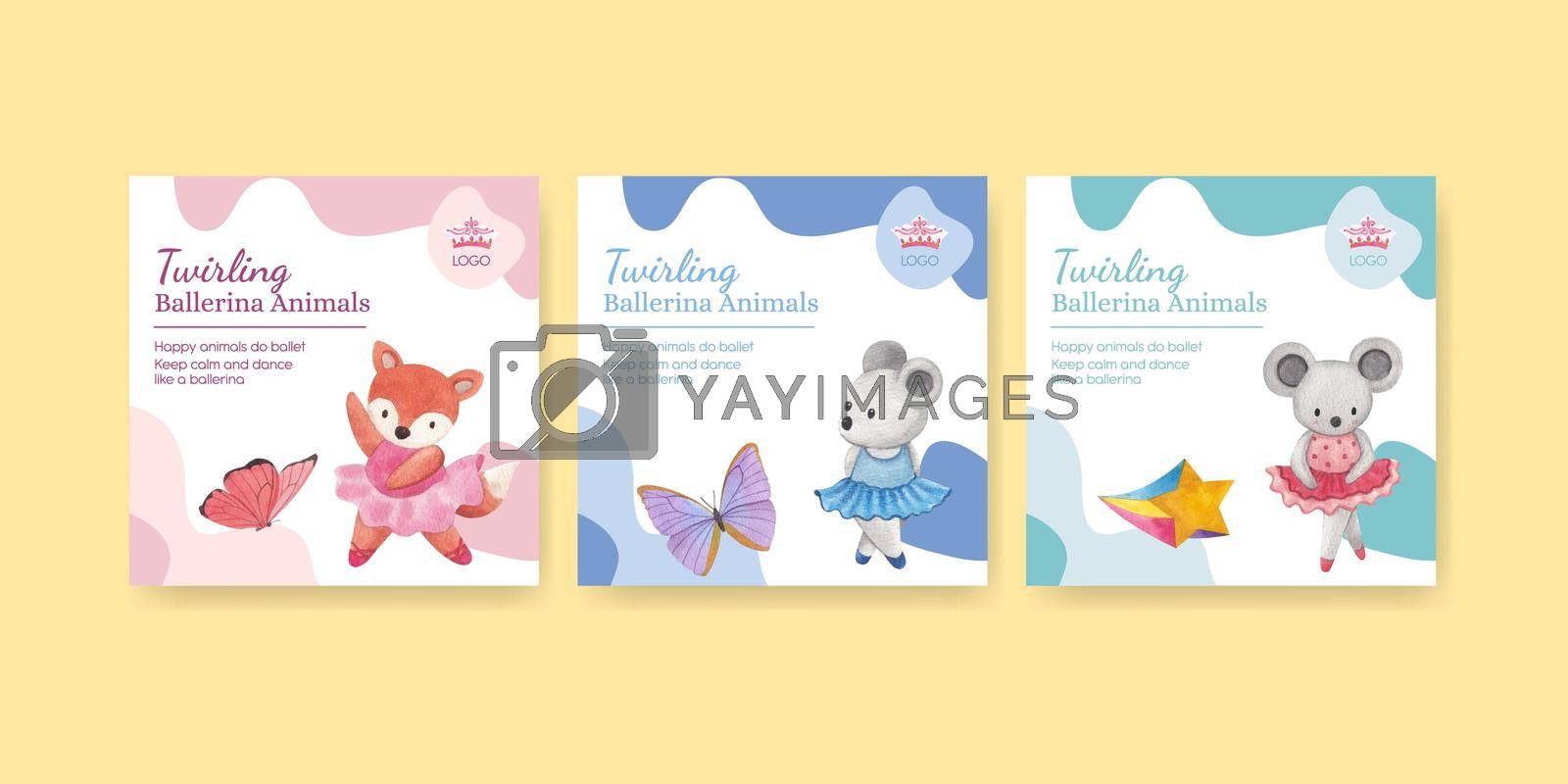Banner template with Fairy ballerinas animals concept,watercolor style
