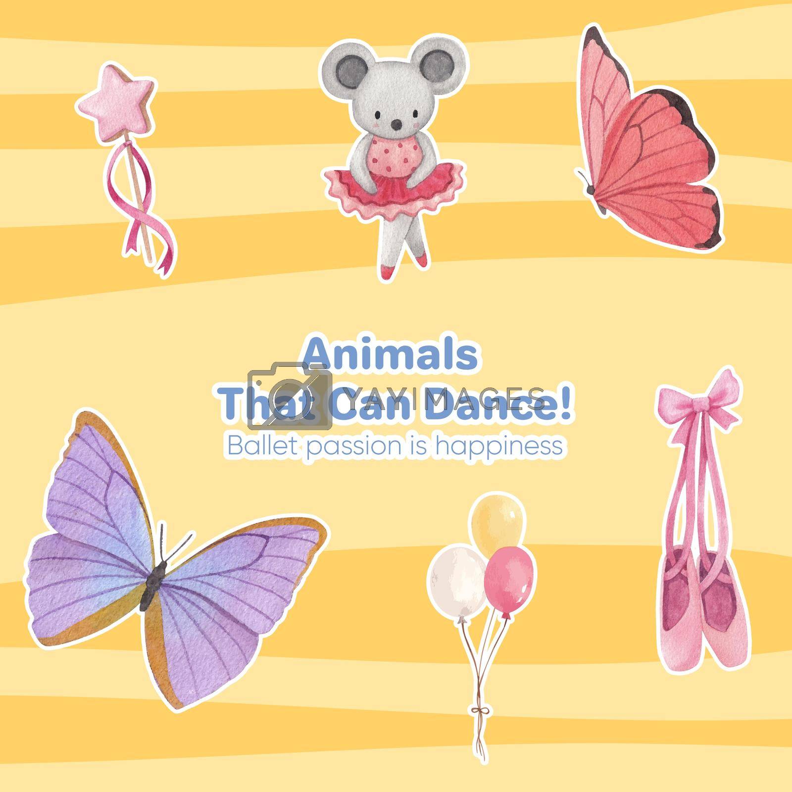 Sticker template with Fairy ballerinas animals concept,watercolor style
