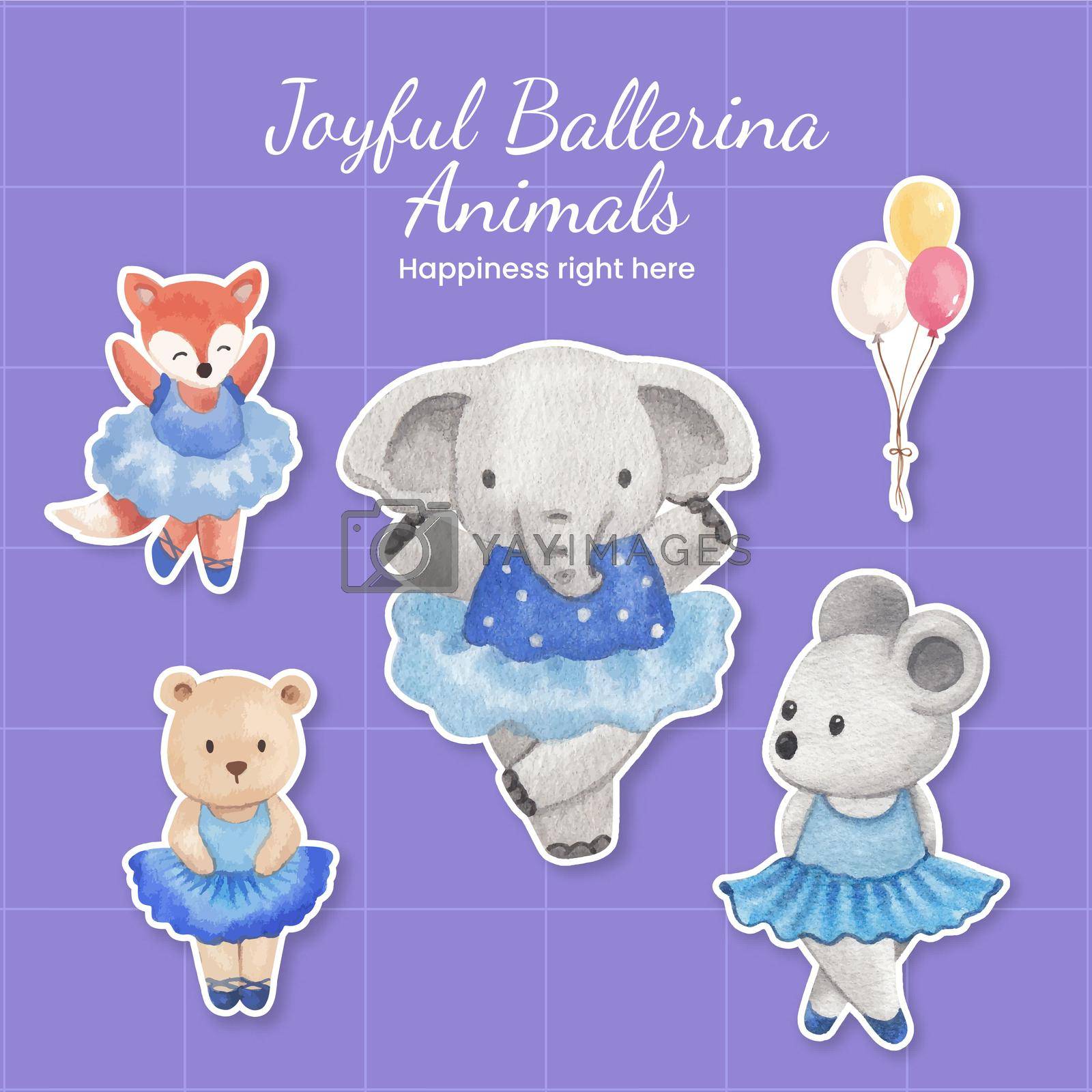 Sticker template with Fairy ballerinas animals concept,watercolor style
