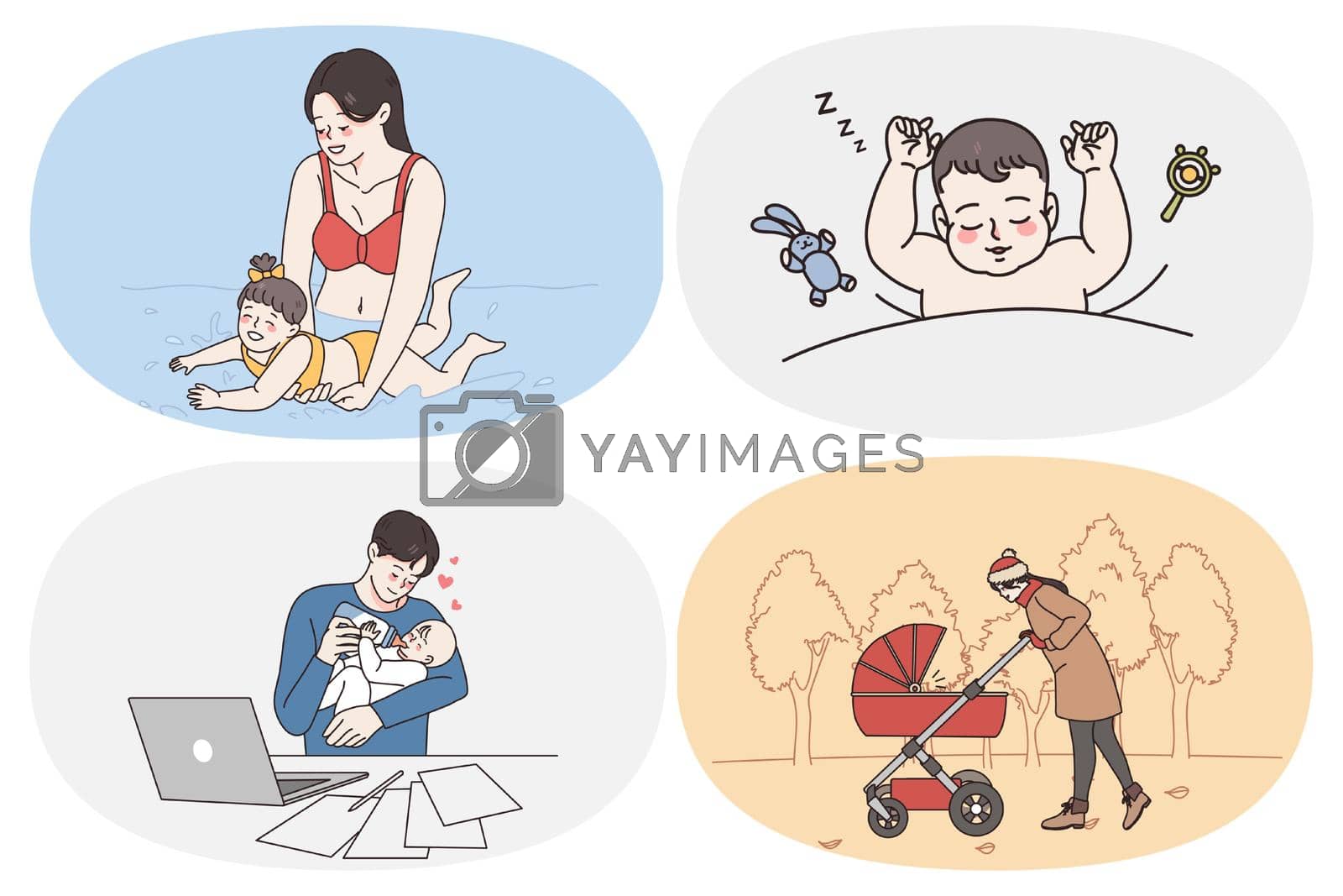 Happy parenting and childhood concept. Set of babies toddlers infants learning to swim sleeping eating milk and communicating with parents walking in park vector illustration
