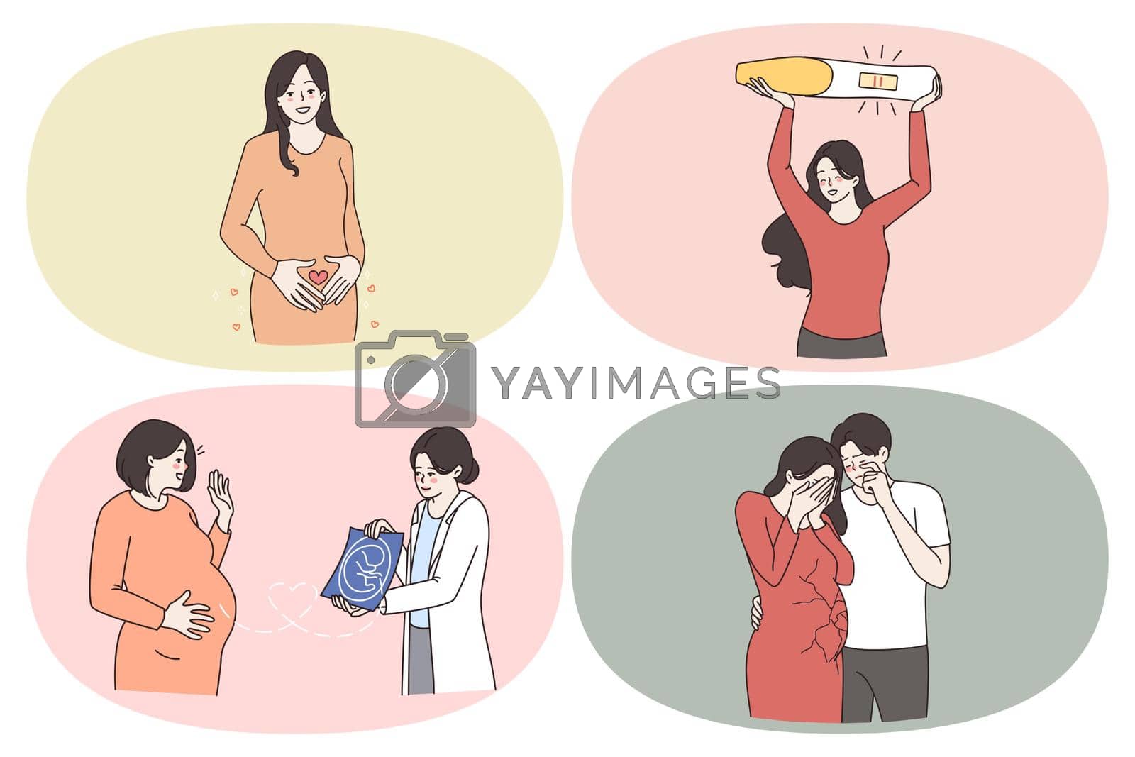 Maternity pregnancy and healthcare concept. Set of happy pregnant woman looking at ultrasound from doctor feeling happy knowing of pregnancy and unhappy couple crying losing baby vector illustration