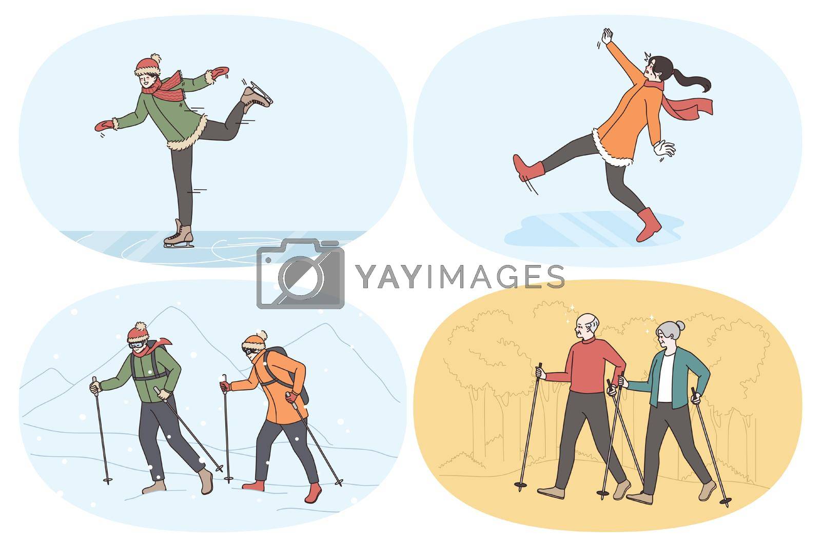 Active lifestyle and sport concept. Set of people skating on rink during winter falling down on ice hiking with sticks in mountains and in park during summer vector illustration