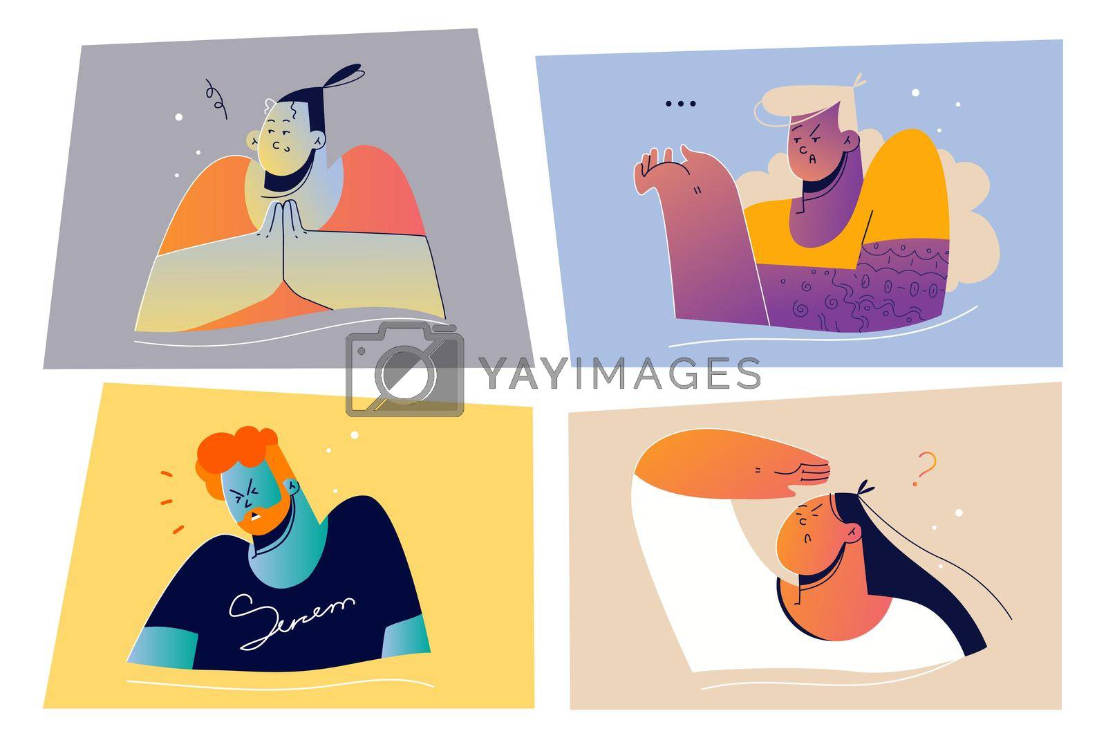 Emotion, face expression set concept. Positive and negative emotional people illustration for print. Collection of men women cartoon characters planning tricks looking at distance showing aggression