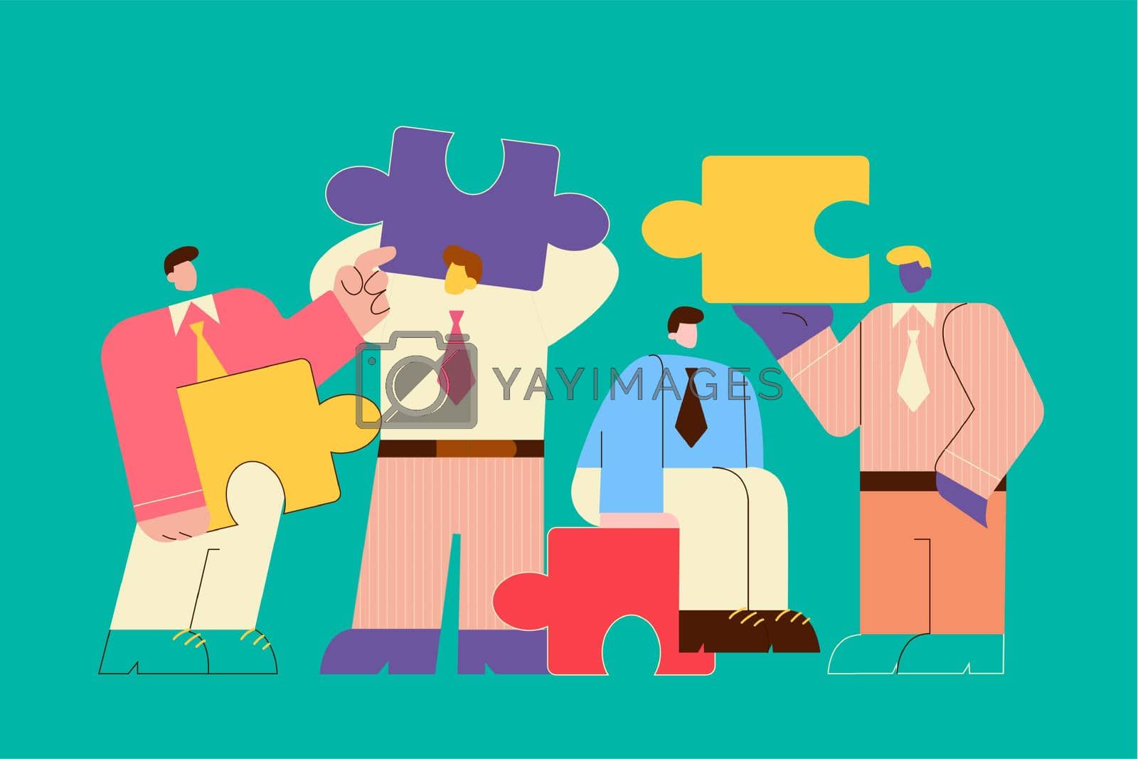 Teamwork, cooperation, business partnership concept. Business people partners coworkers holding puzzle pieces and working together on corporate project vector illustration