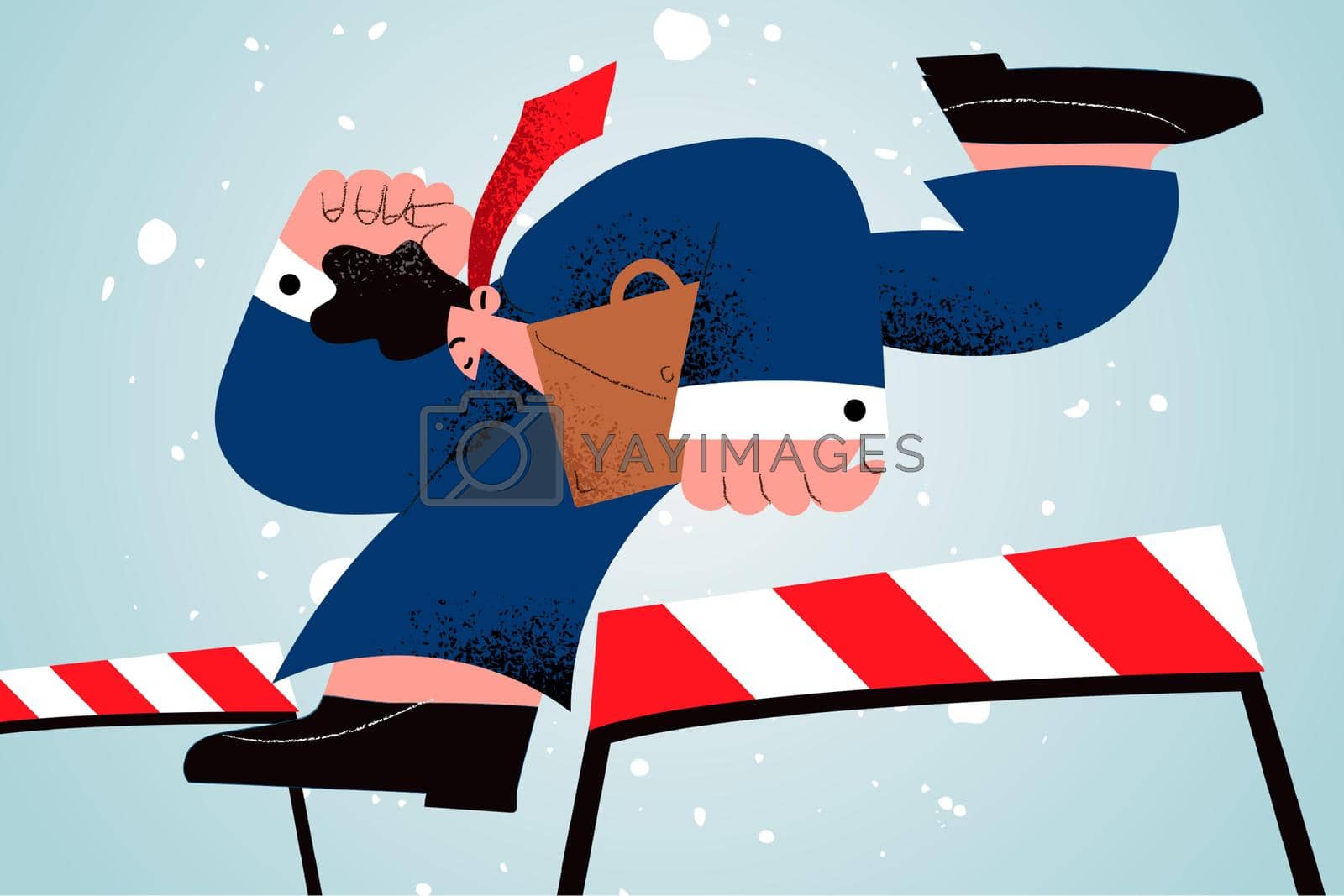 Overcoming problems and troubles concept. Young confident businessman jumping over obstacle with briefcase and documents in hand vector illustration