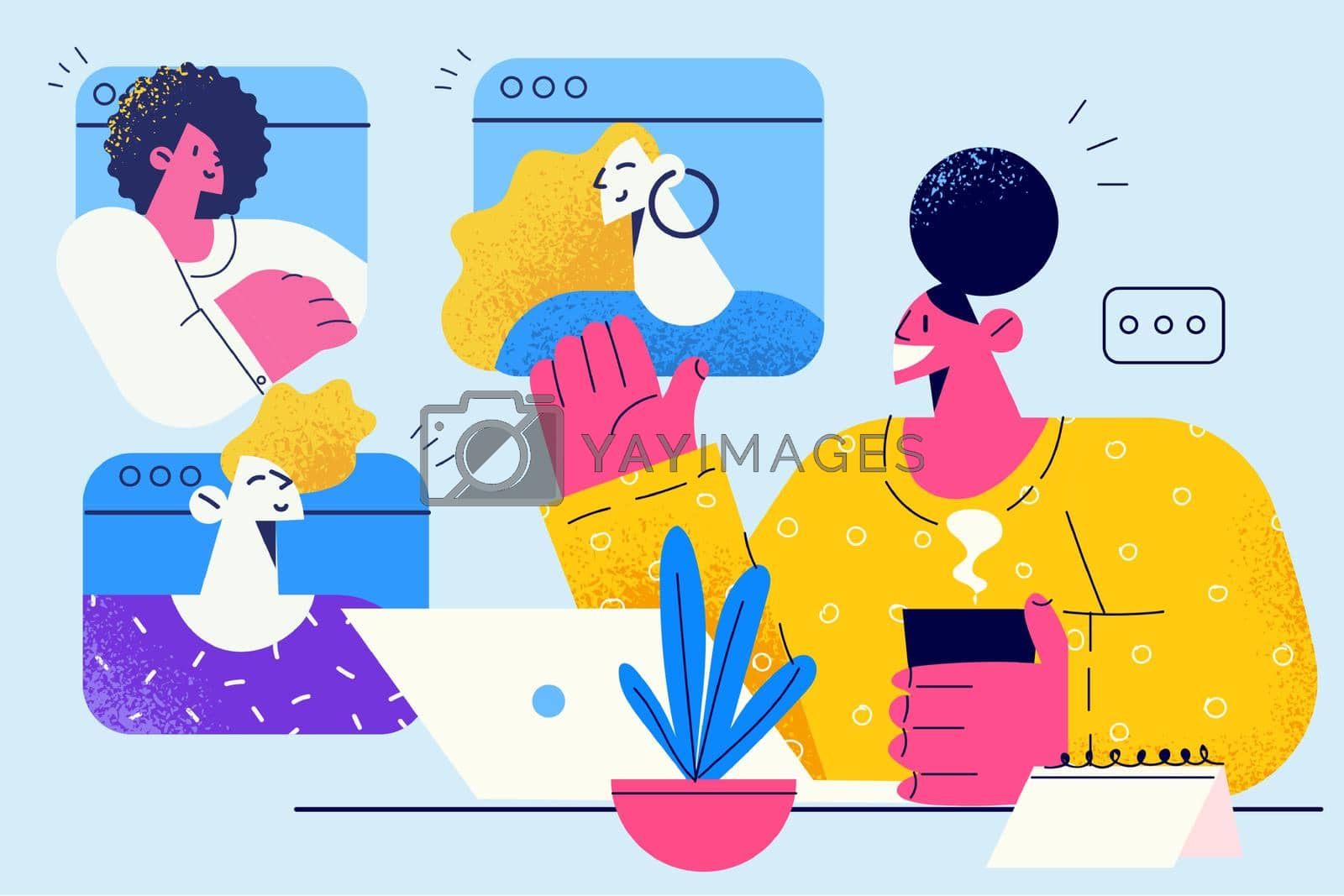 Teleconference, distant work, online communication concept. Group for young people having video call and distant meeting online call in their own home office having remote job vector illustration