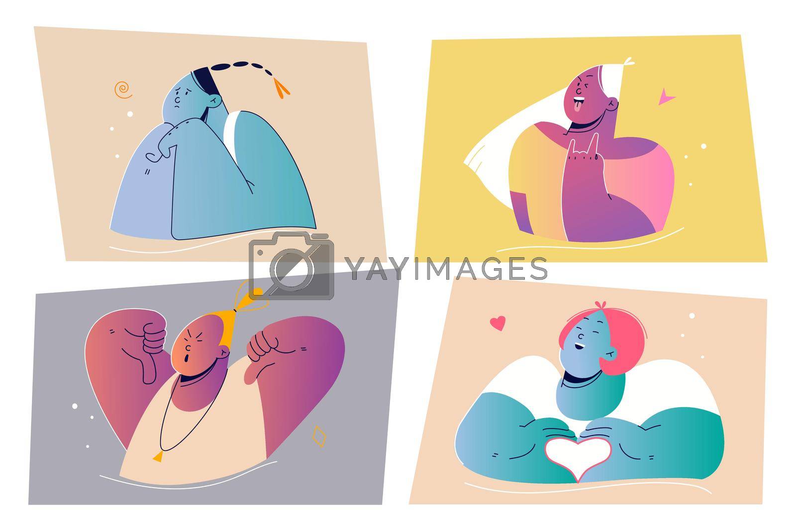 Emotion, face expression set concept. Positive and negative emotional people illustration for print. Collection of female women cartoon characters showing rock sign dislike geture and heart symbol.