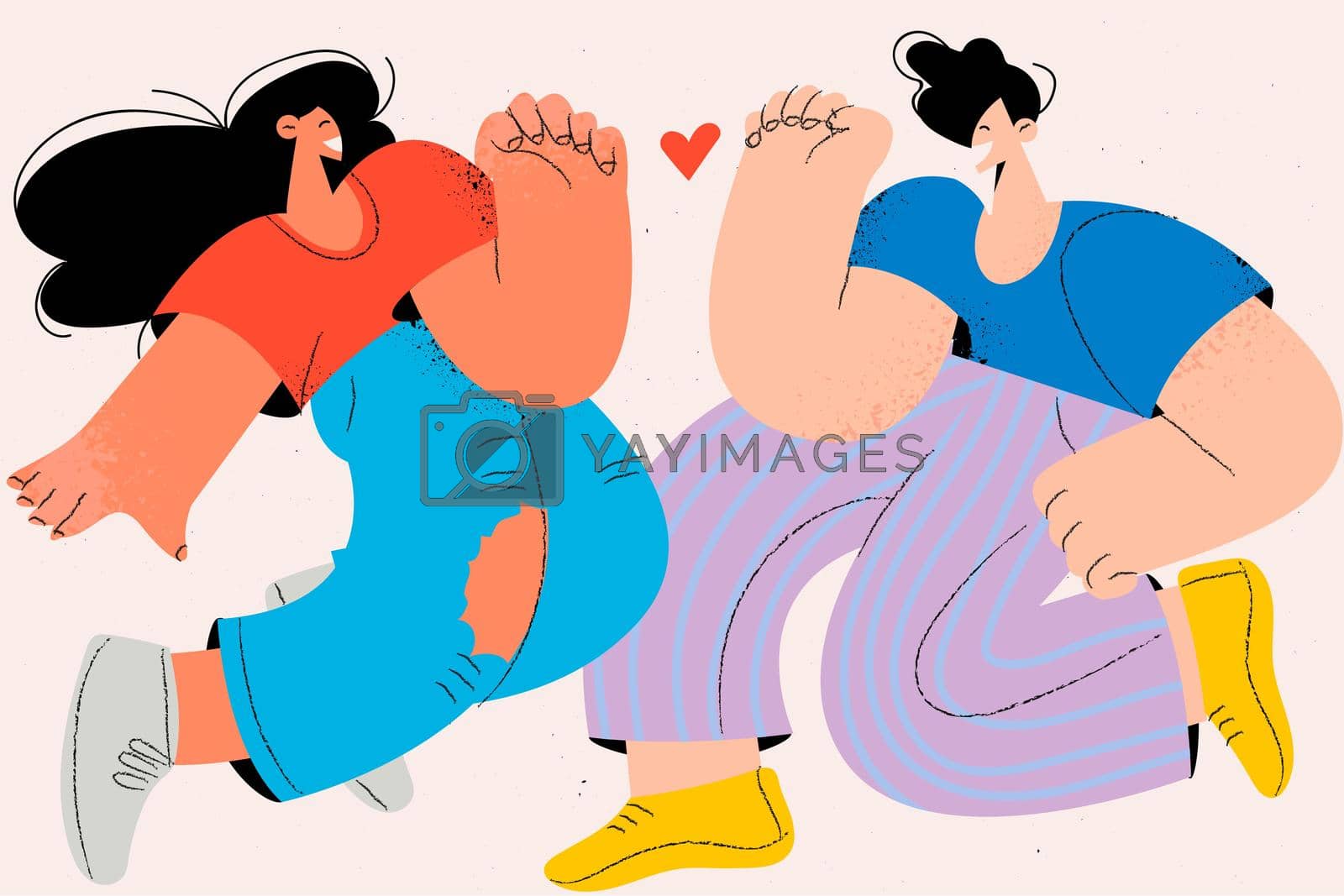 Having fun, enjoying togetherness, couple concept. Young happy cheerful couple cartoon characters in casual clothing jumping feeling carefree and enjoying spending time together vector illustration