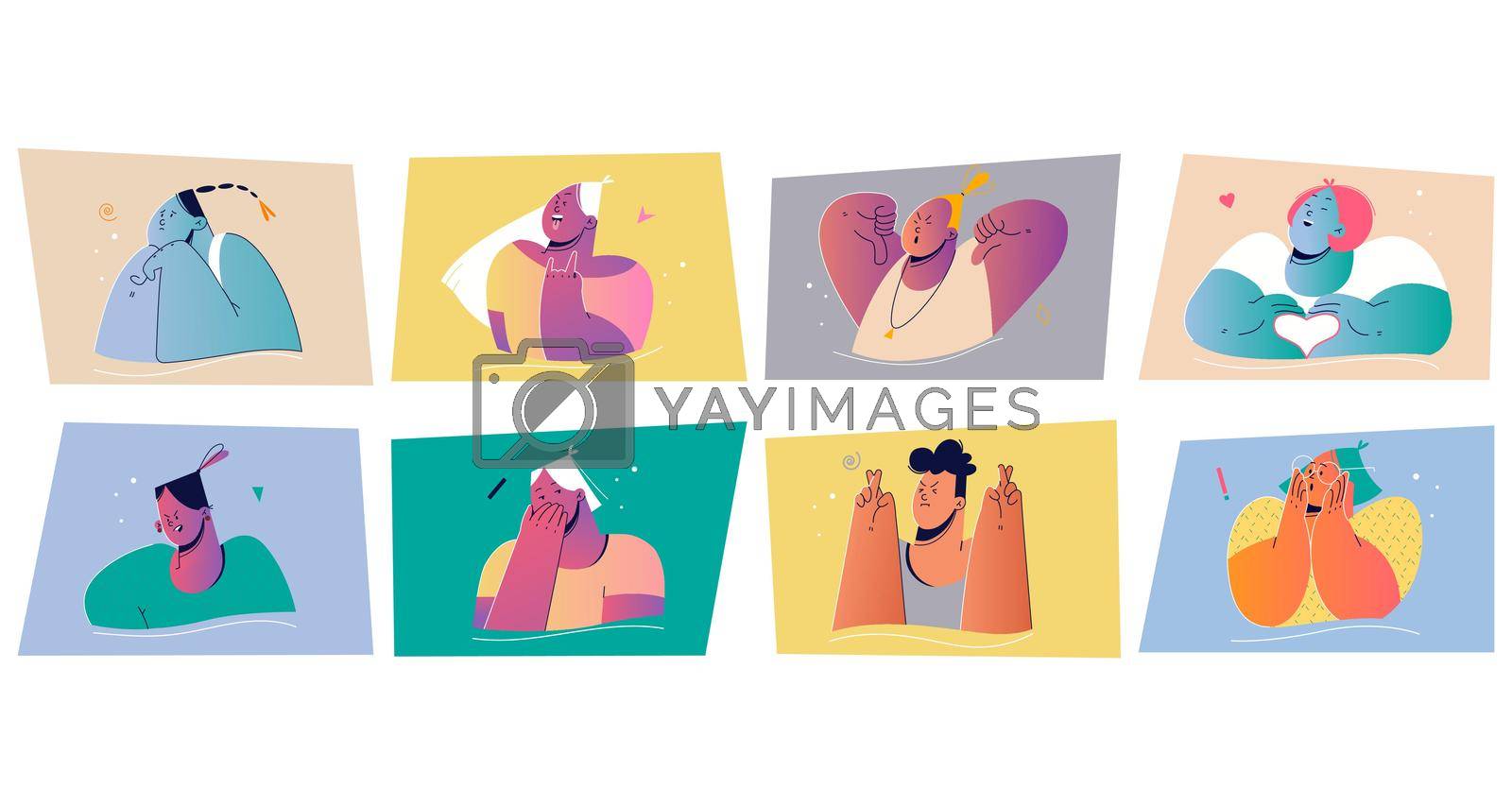 Emotion, face expression set concept. Positive and negative emotional people illustration for print. Collection of men women characters crossing fingers for luck showing dislike sign heart symbol.