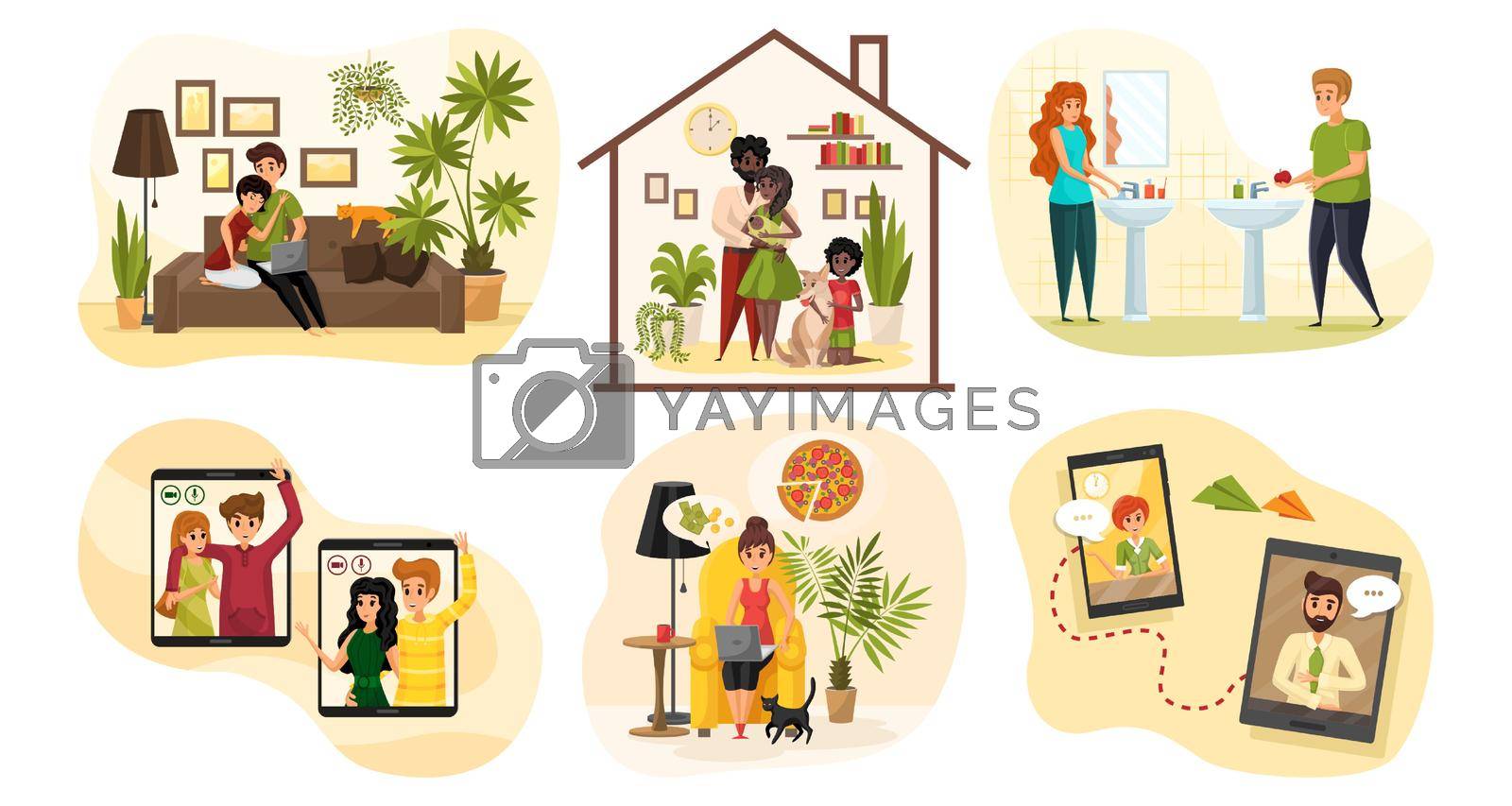 Communication, coronavirus, quarantine, family set concept. Collection of people men women father mother child couples staying home at quarantine. Domestic chores and online chatting at social media.