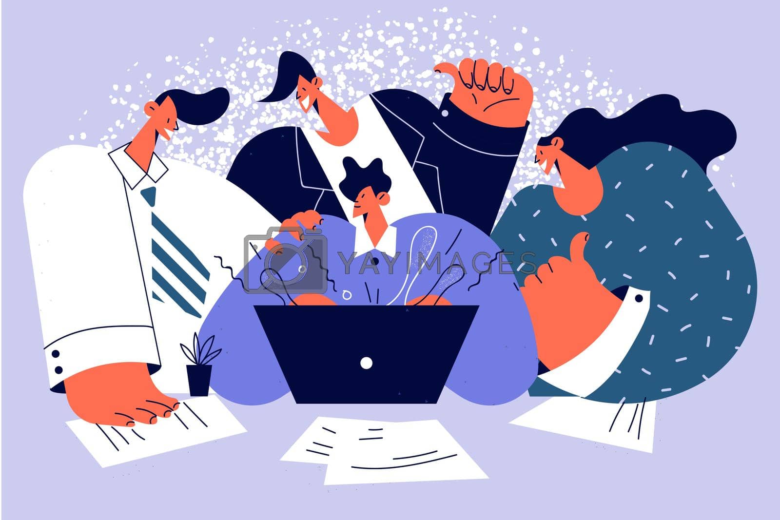 Teamwork, cooperation, business group concept. Group of business workers cartoon characters standing at laptop discussing project having brainstorm together in office vector illustration