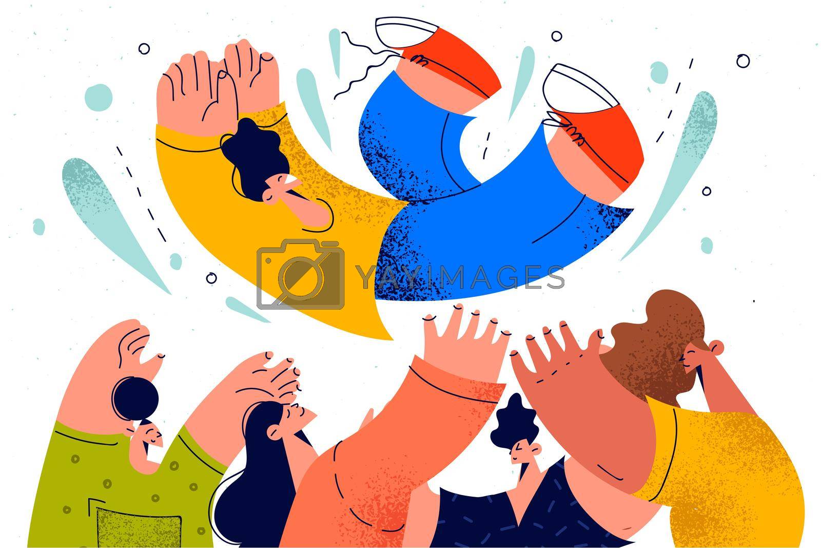 Congratulation, business success and celebration concept. Happy people business partners tossing up colleague celebrating success in corporate business goal in team vector illustration