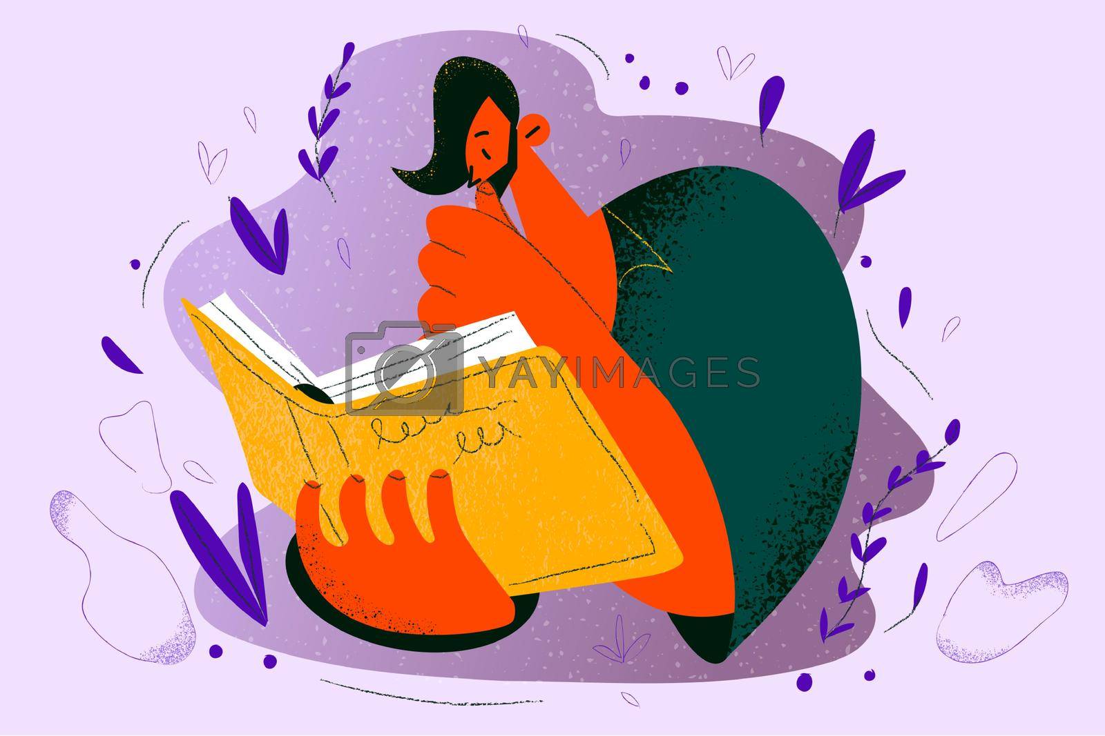 Reading books, education, hobby concept. Young bearded serous focused man cartoon character reading book with interest and touching chin vector illustration