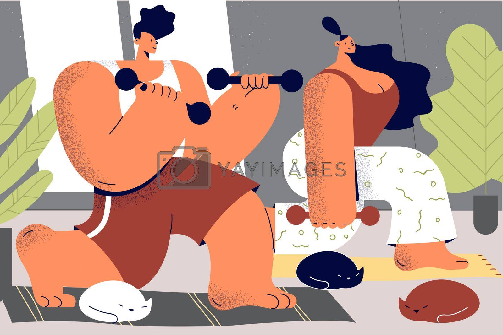 Healthy lifestyle and workout at home concept. Young positive couple cartoon characters doing exercise with dumbbells training together at home practicing workout in pair vector illustration
