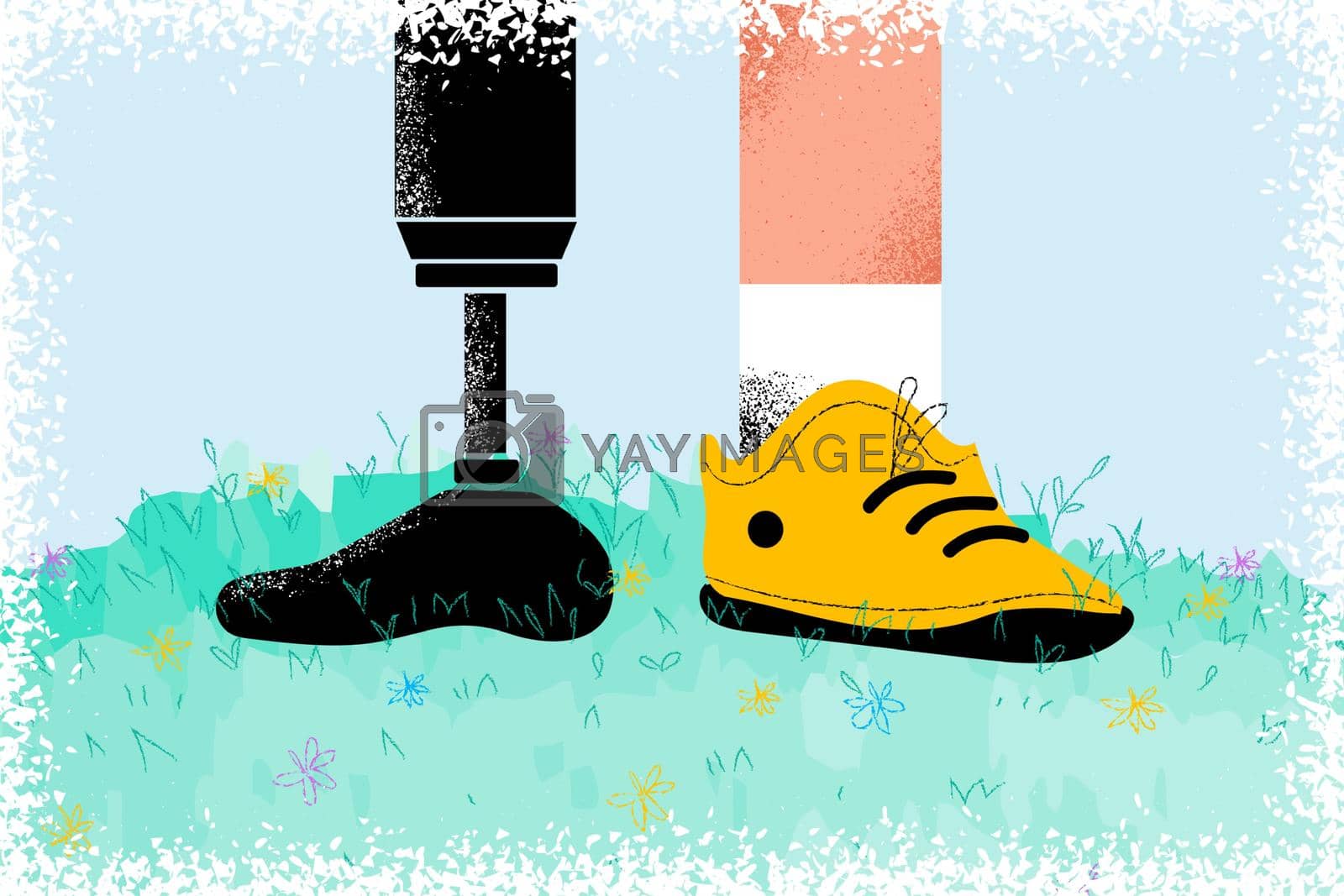 People with disabilities living active life concept. Disabled young man with prosthetic leg walking outdoors on grass, low angle view vector illustration