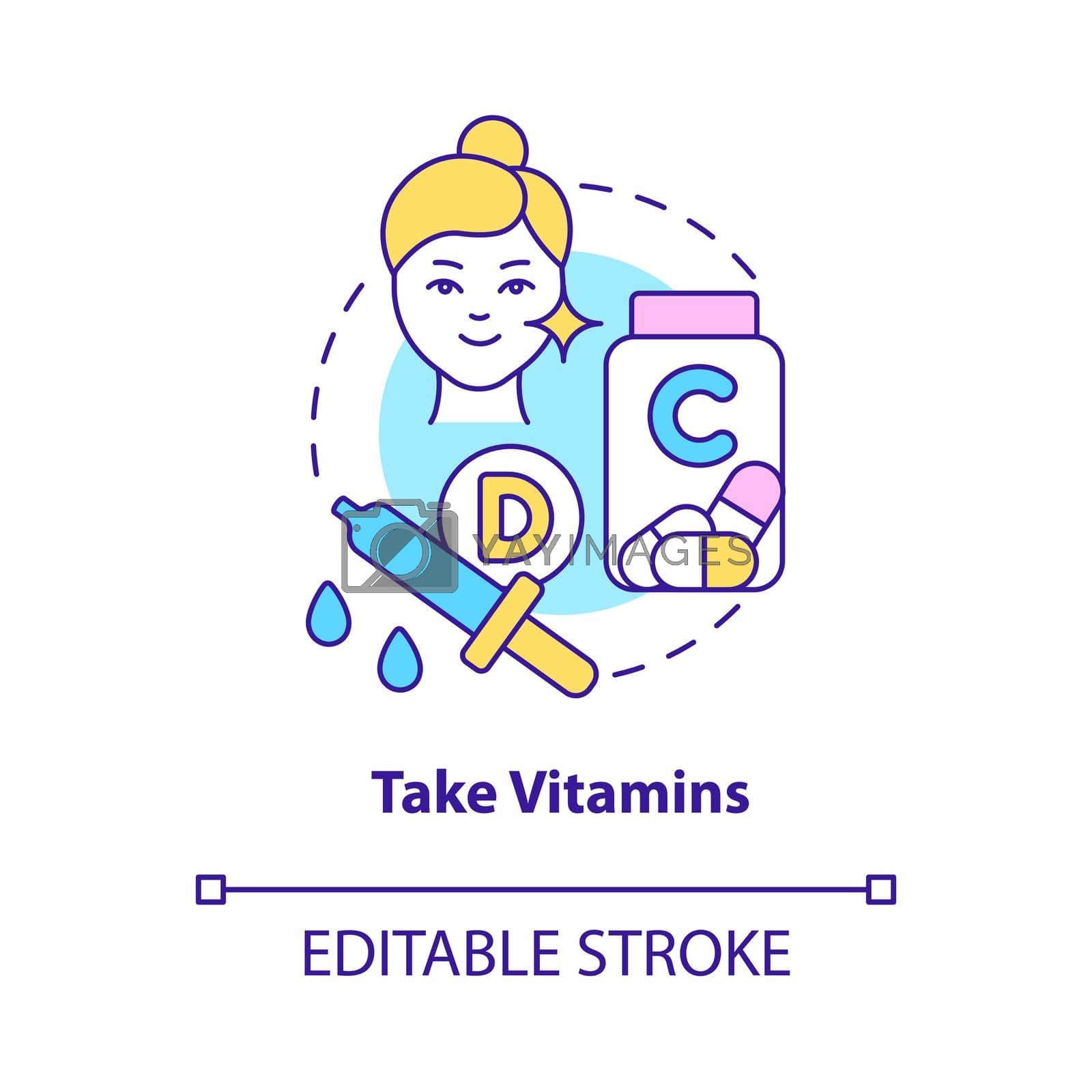 Take vitamins concept icon. Beauty and healthcare. Skincare routine abstract idea thin line illustration. Isolated outline drawing. Editable stroke. Roboto-Medium, Myriad Pro-Bold fonts used