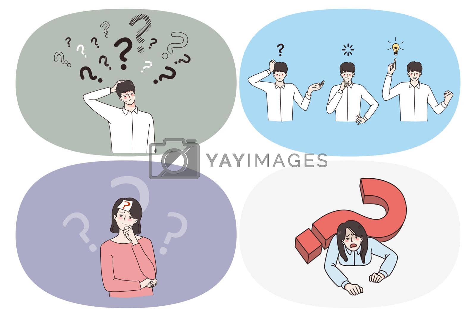 Frustration doubt and thinking concept. Set of young people with question mark around feeling doubt trying to find best decision need help or great idea for business vector illustration