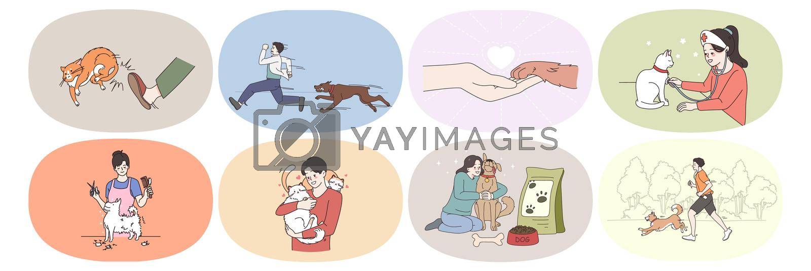 Set of diverse people with cats and dogs enjoy life with domestic animals. Collection of men and women take care of pets. Grooming and vet service concept. Flat vector illustration.