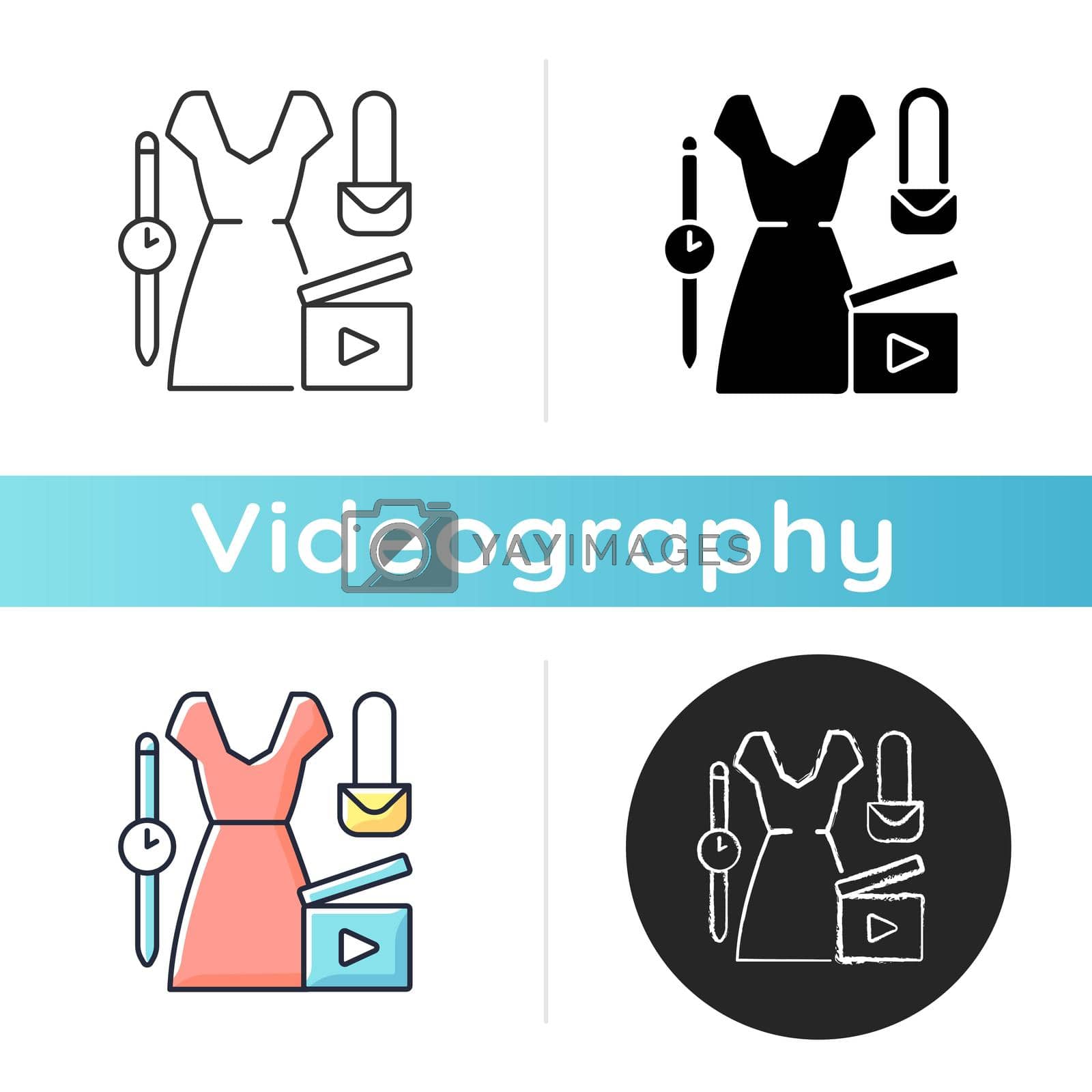 Fashion video icon. Female beauty vlog. Women style for blog content. Shooting footage for clothing and outfit. Videography. Linear black and RGB color styles. Isolated vector illustrations