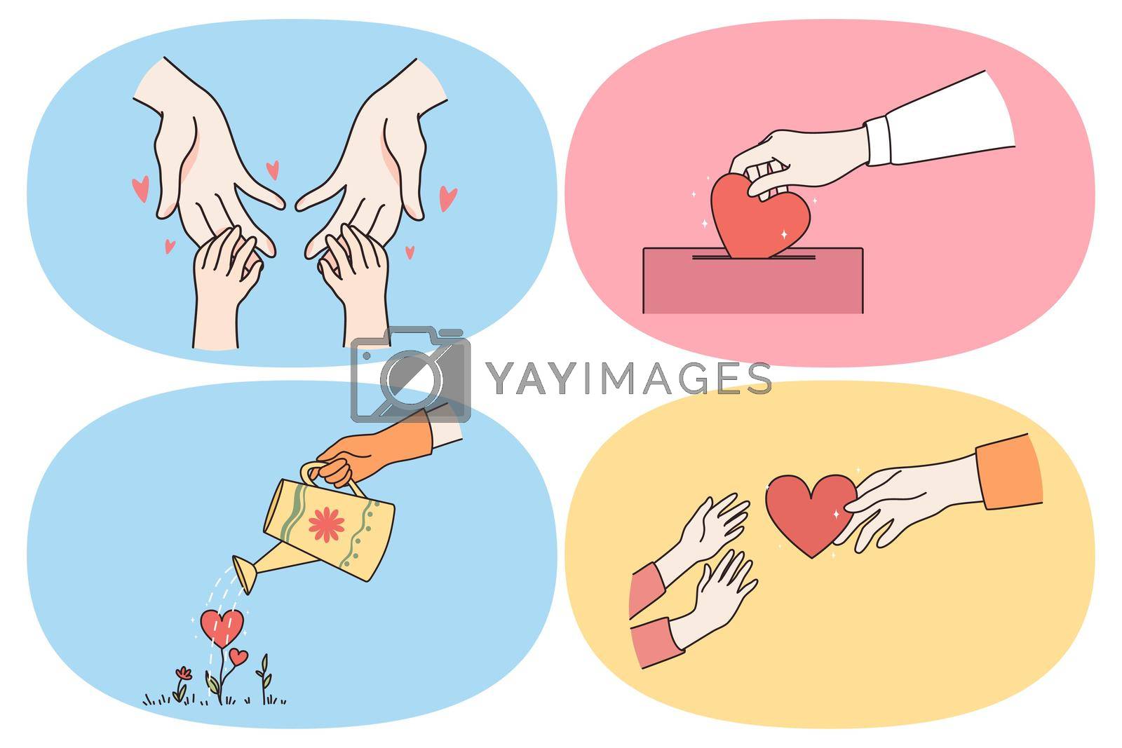 Love heart and help concept. Human hands touching babies hands putting heart to donation box watering love and giving heart to another person vector illustration
