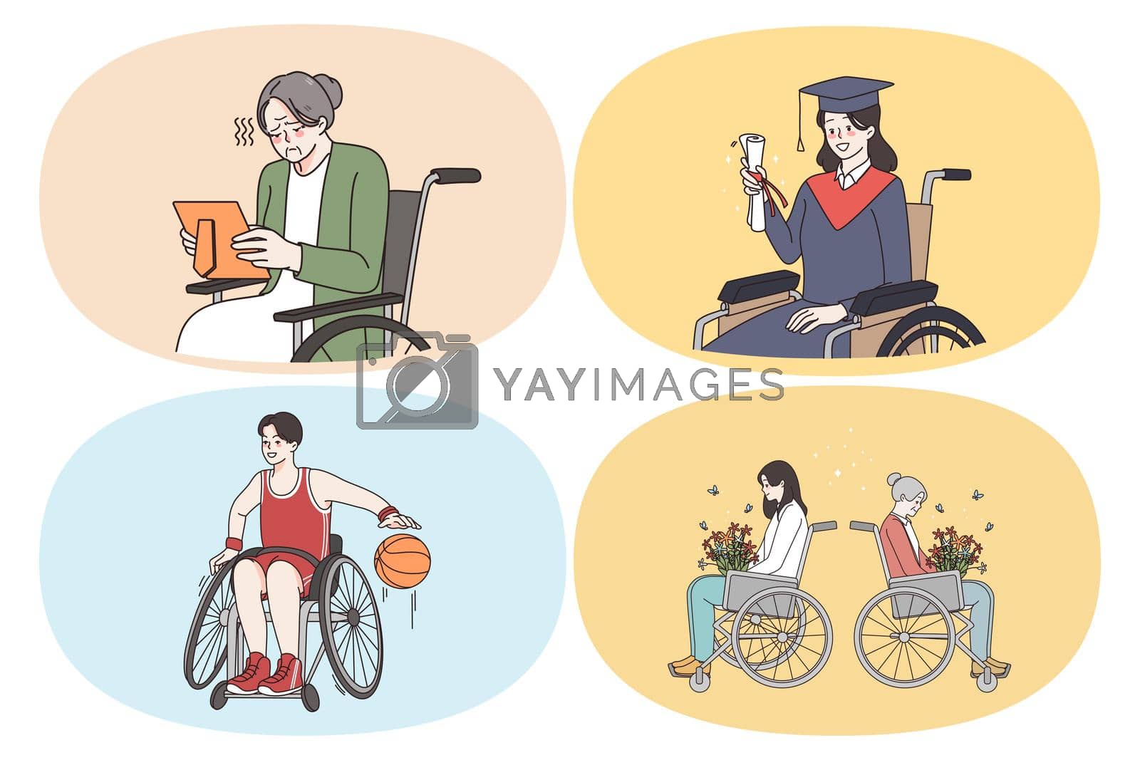Emotions of wheelchair people concept. Set of young and elderly wheelchair people graduating from university playing basketball buying flowers feeling sad looking at photo vector illustration