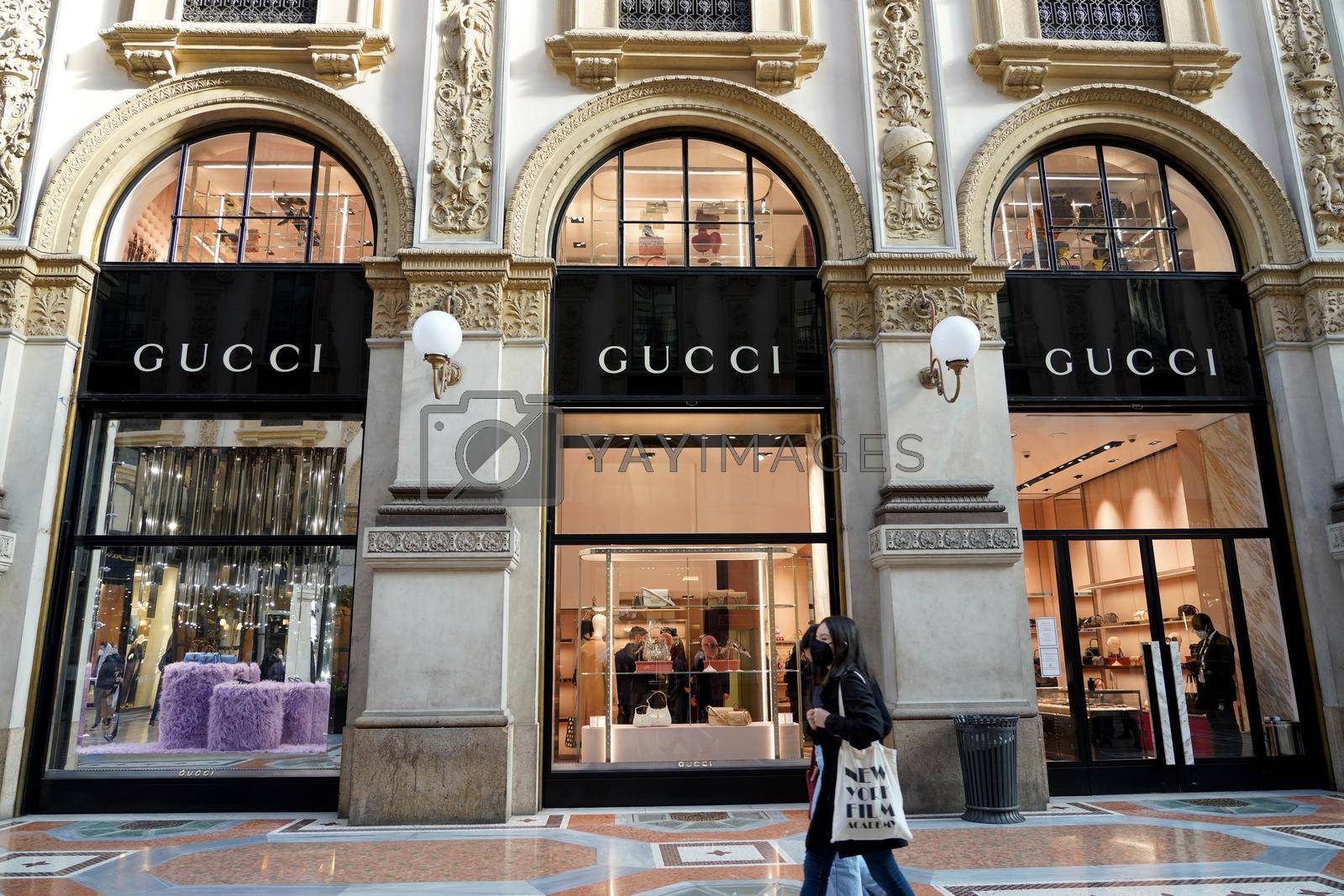 MILAN, ITALY - JANUARY 14, 2022: Facade of GUCCI store inside Galleria Vittorio Emanuele II the world's oldest shopping mall, Milan, Italy