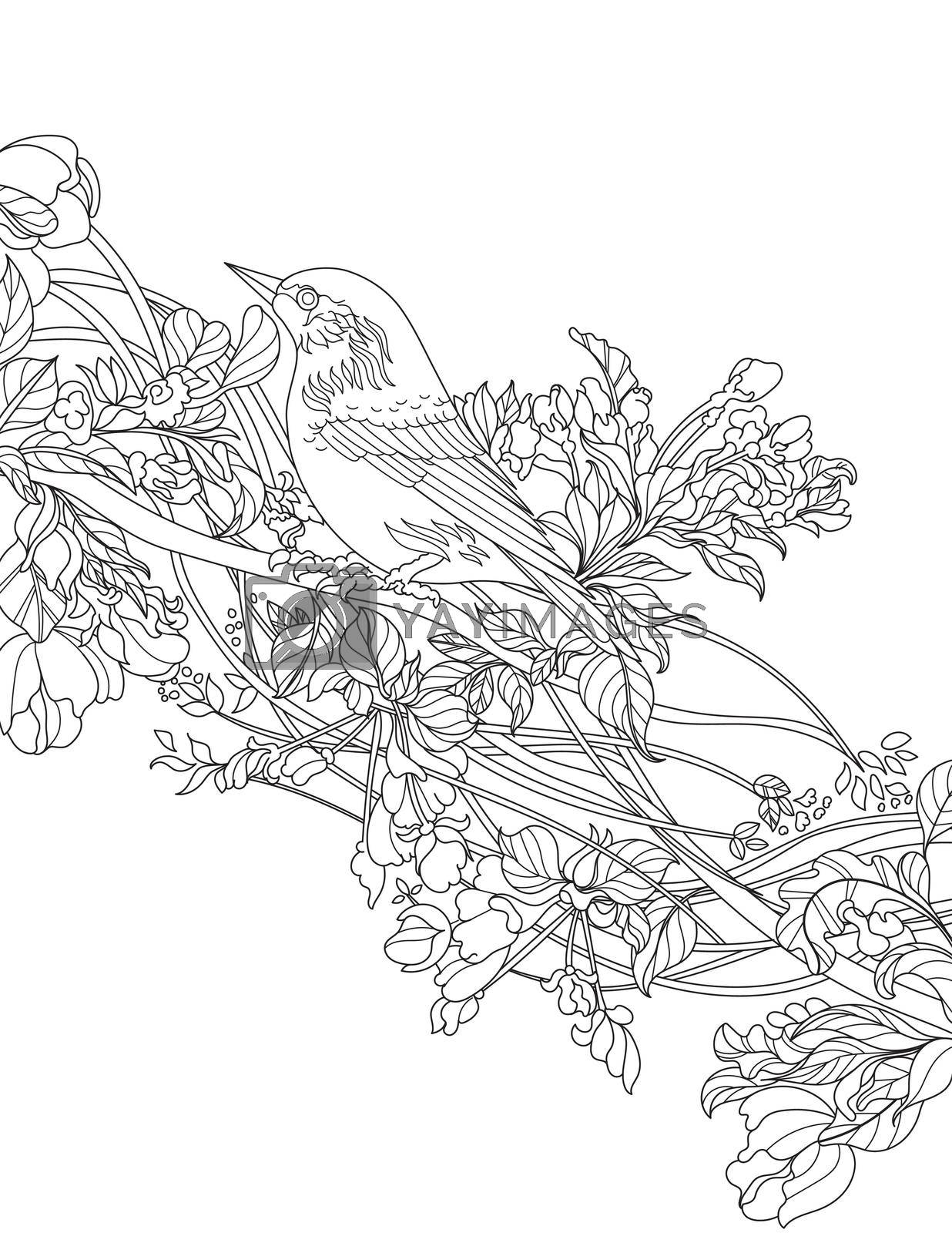 Royalty free image of Bird Standing On Tree Branch Line Drawing Colouring Book idea by nialowwa