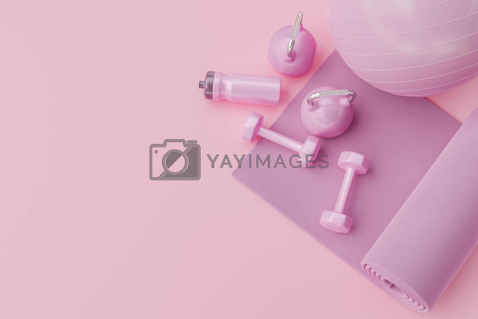 top view of pink exercise accessories with space for text. minimal concept of yoga, home exercise, healthy living and fitness. 3d rendering