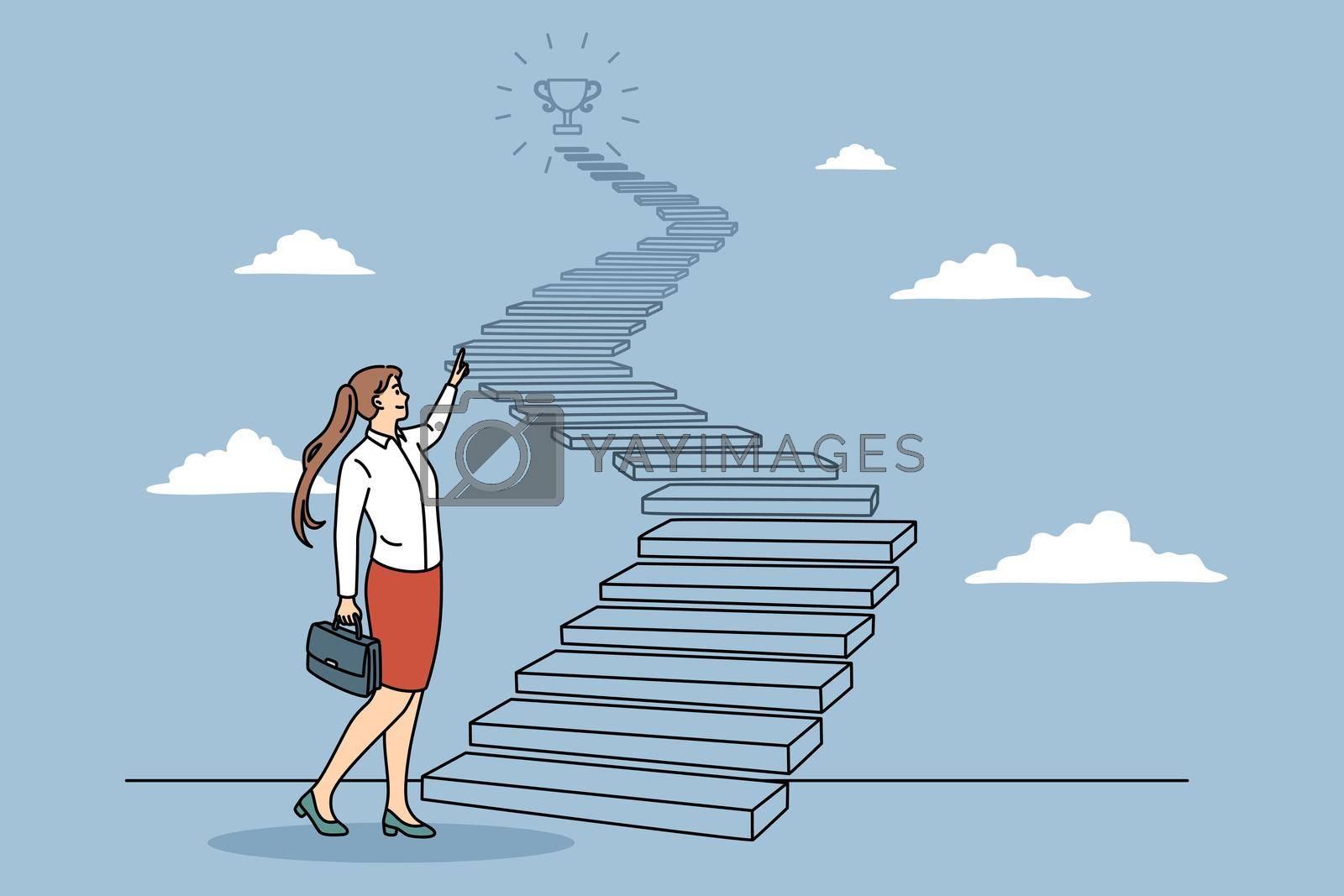 Business success and development concept. Young positive business woman with case standing looking at ladder with main trophy prize on top feeling confident vector illustration